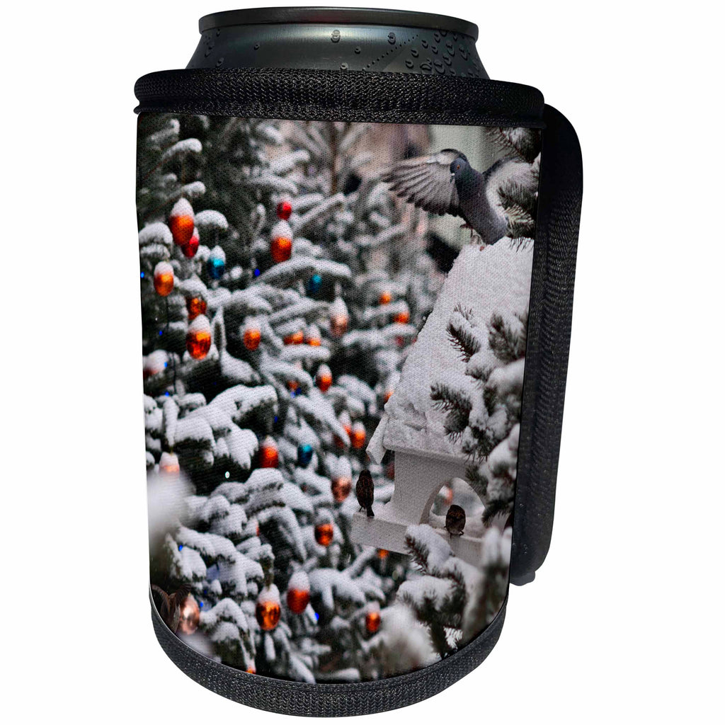 3dRose Alexis Photography - Christmas - Snow covered Christmas trees. Birds around the feeder - Can Cooler Bottle Wrap (cc_264217)