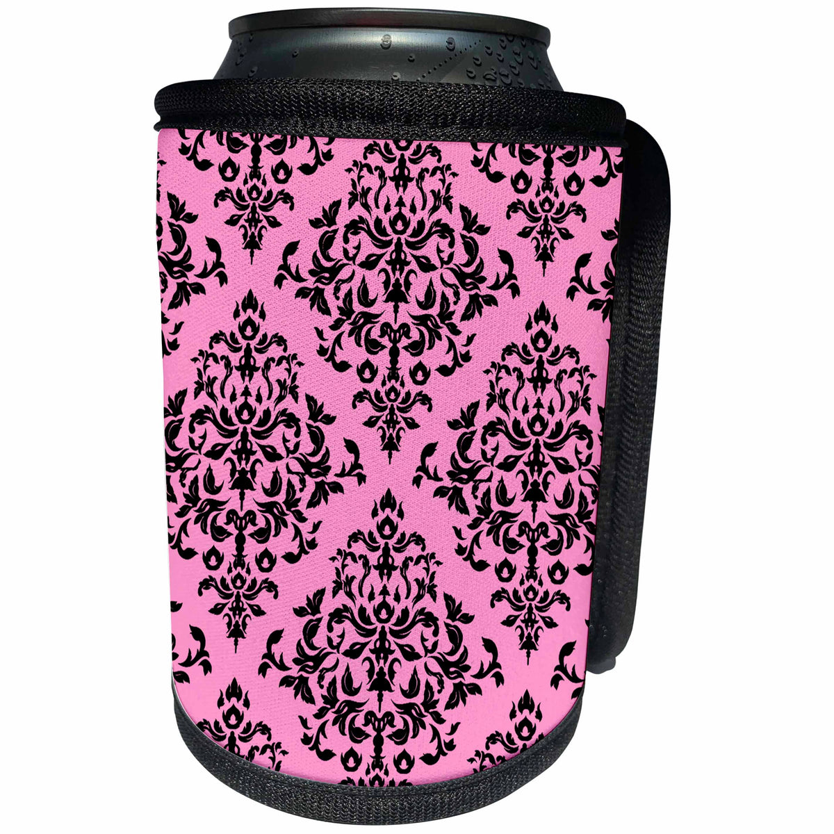 3dRose 311 Pink and Black Damask - Stylish and fashionable pink damask print - Can Cooler Bottle Wrap (cc_26422)