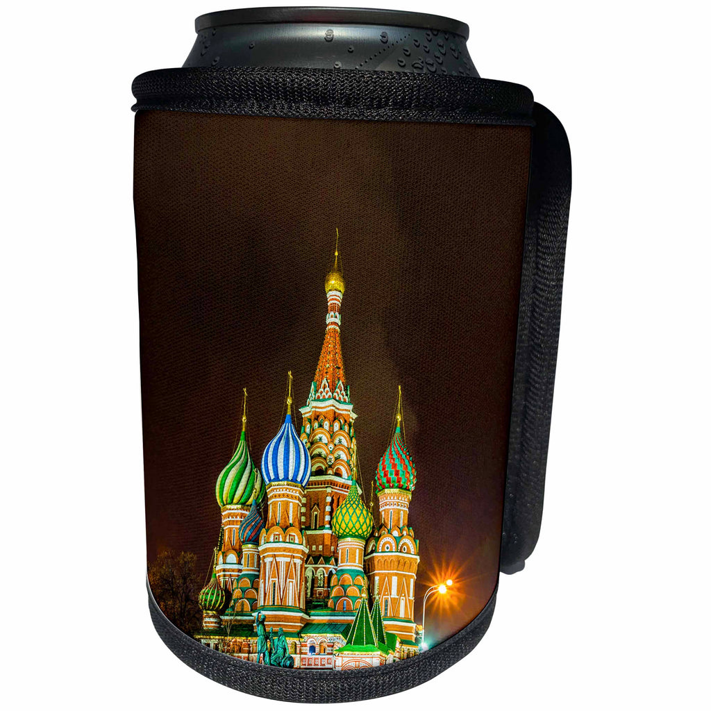 3dRose Alexis Photography - Moscow Kremlin - St Basils cathedral on Moscow Red Square at night - Can Cooler Bottle Wrap (cc_264231)