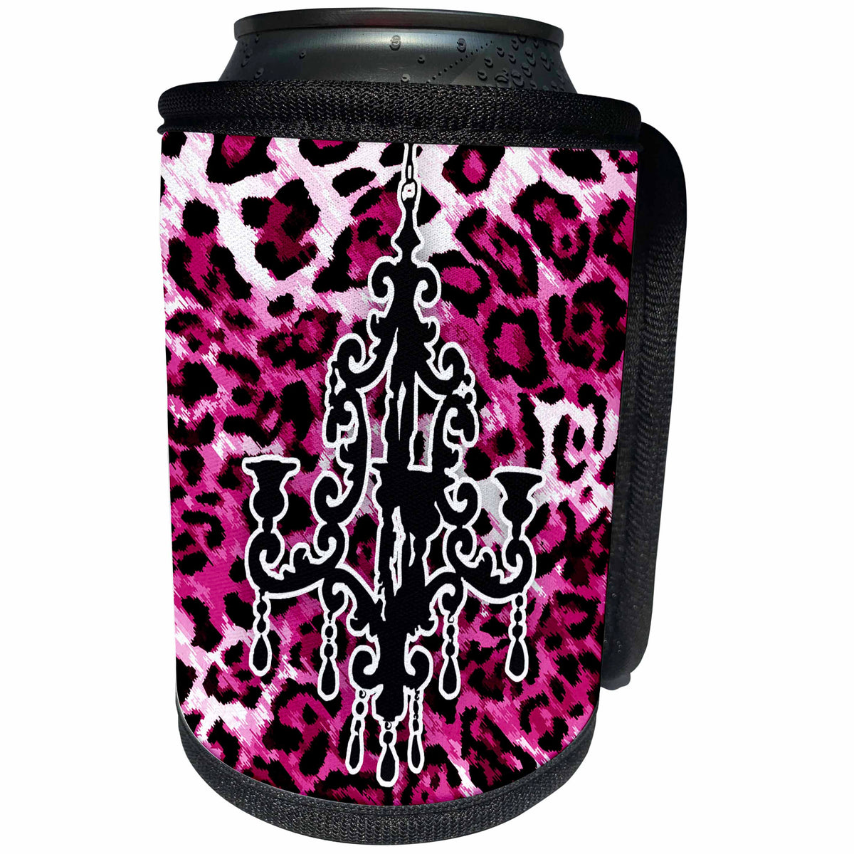 3dRose 311 Hot Pink Leopard Black Chandelier - Stylish hot pink leopard print with chic chandelier - Can Cooler Bottle Wrap (cc_26424)