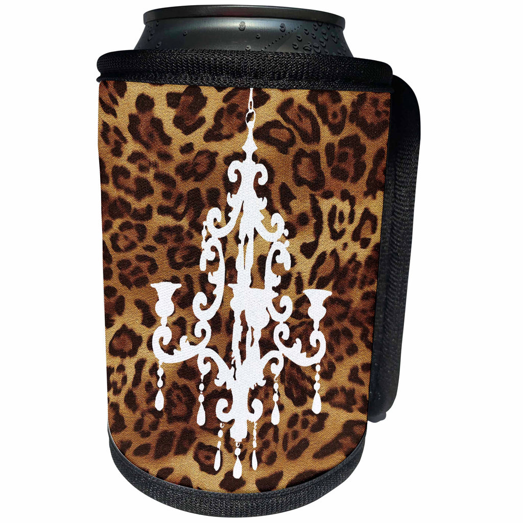 3dRose 311 Brown Leopard Print with white Chandelier - Fashionable brown leopard print with white chandelier - Can Cooler Bottle Wrap (cc_26425)