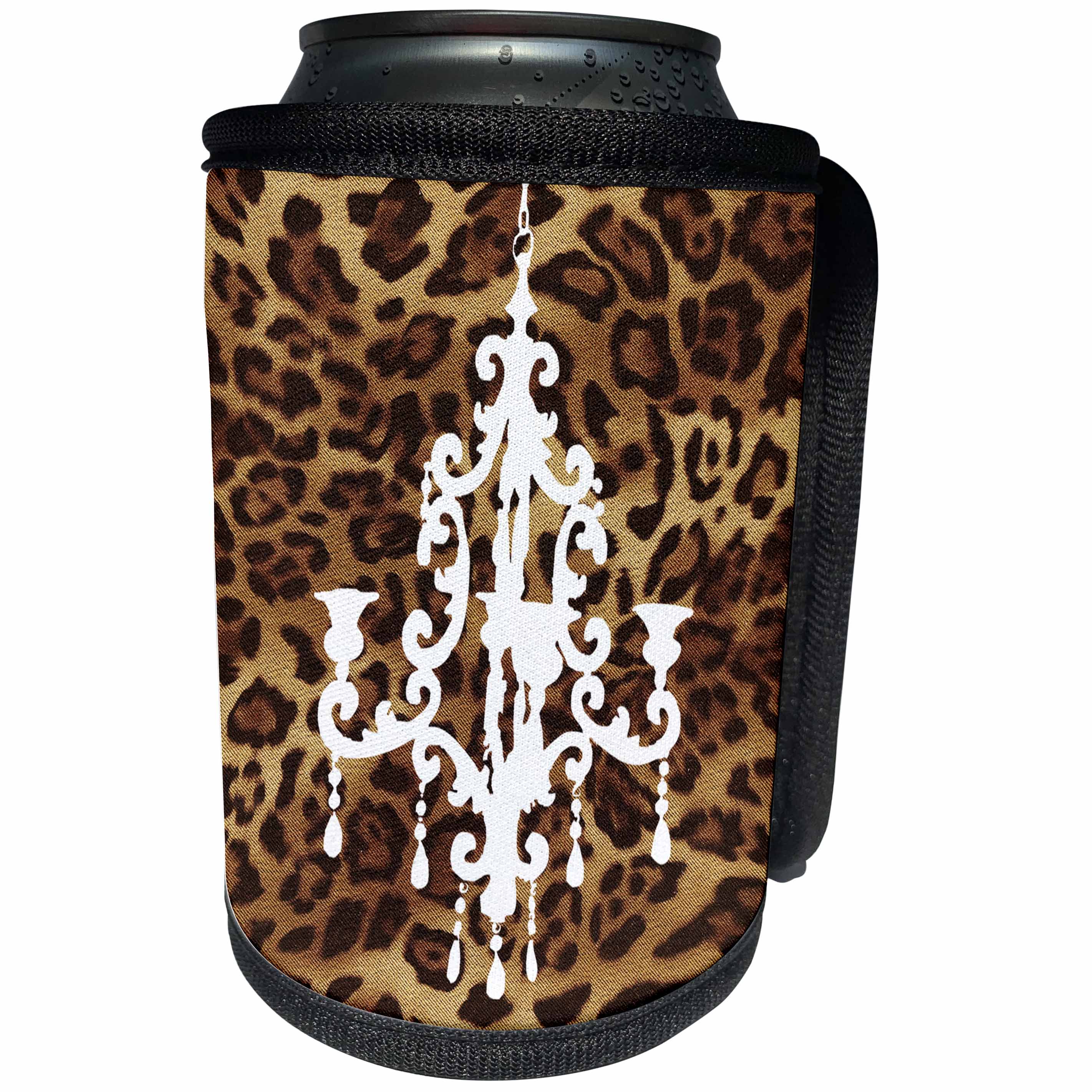 3dRose 311 Brown Leopard Print with white Chandelier - Fashionable brown leopard print with white chandelier - Can Cooler Bottle Wrap (cc_26425)