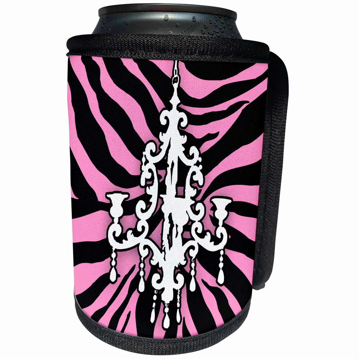 3dRose 311 Pink and Black Zebra print with White Chandelier - Funky pink zebra print with chic white chandelier - Can Cooler Bottle Wrap (cc_26426)