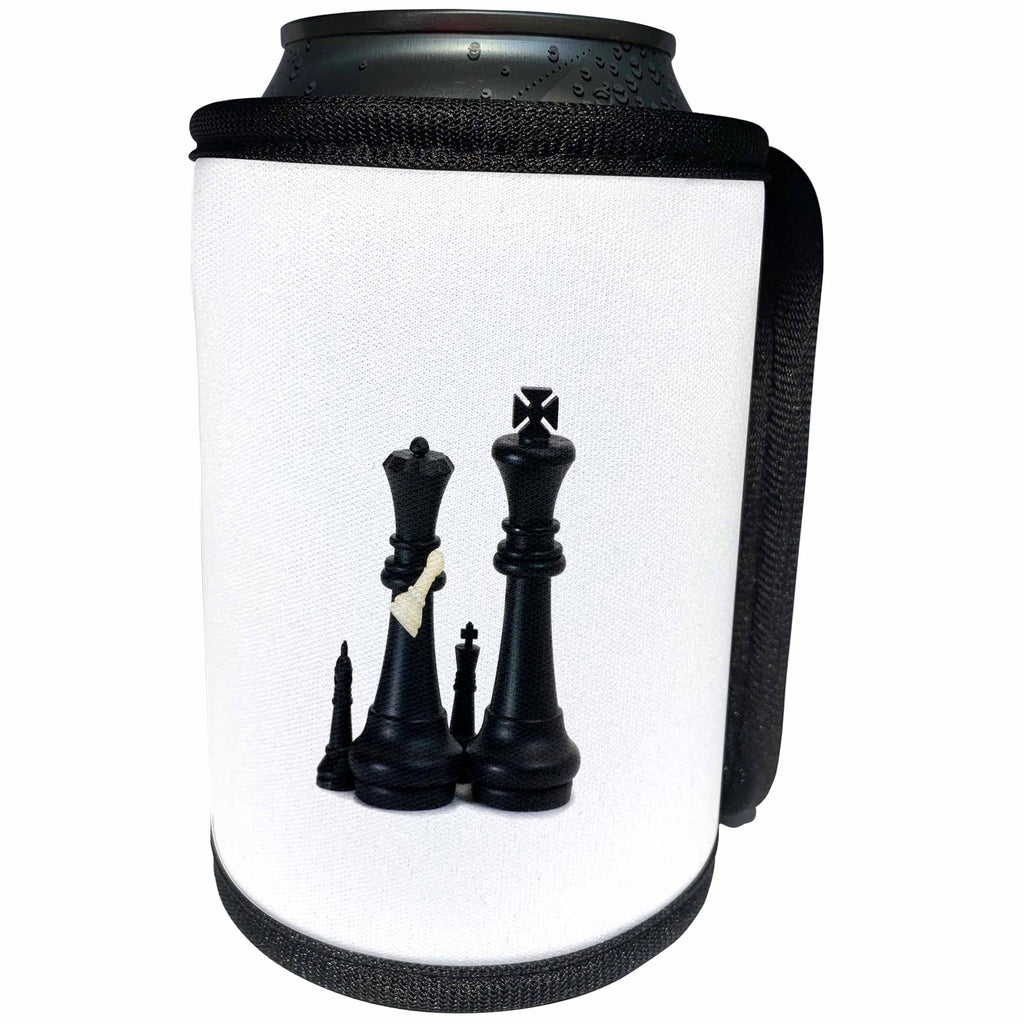 3dRose Alexis Photography - Objects - Black chess king, queen. Queen holds small white pawn. Adoption - Can Cooler Bottle Wrap (cc_264260)