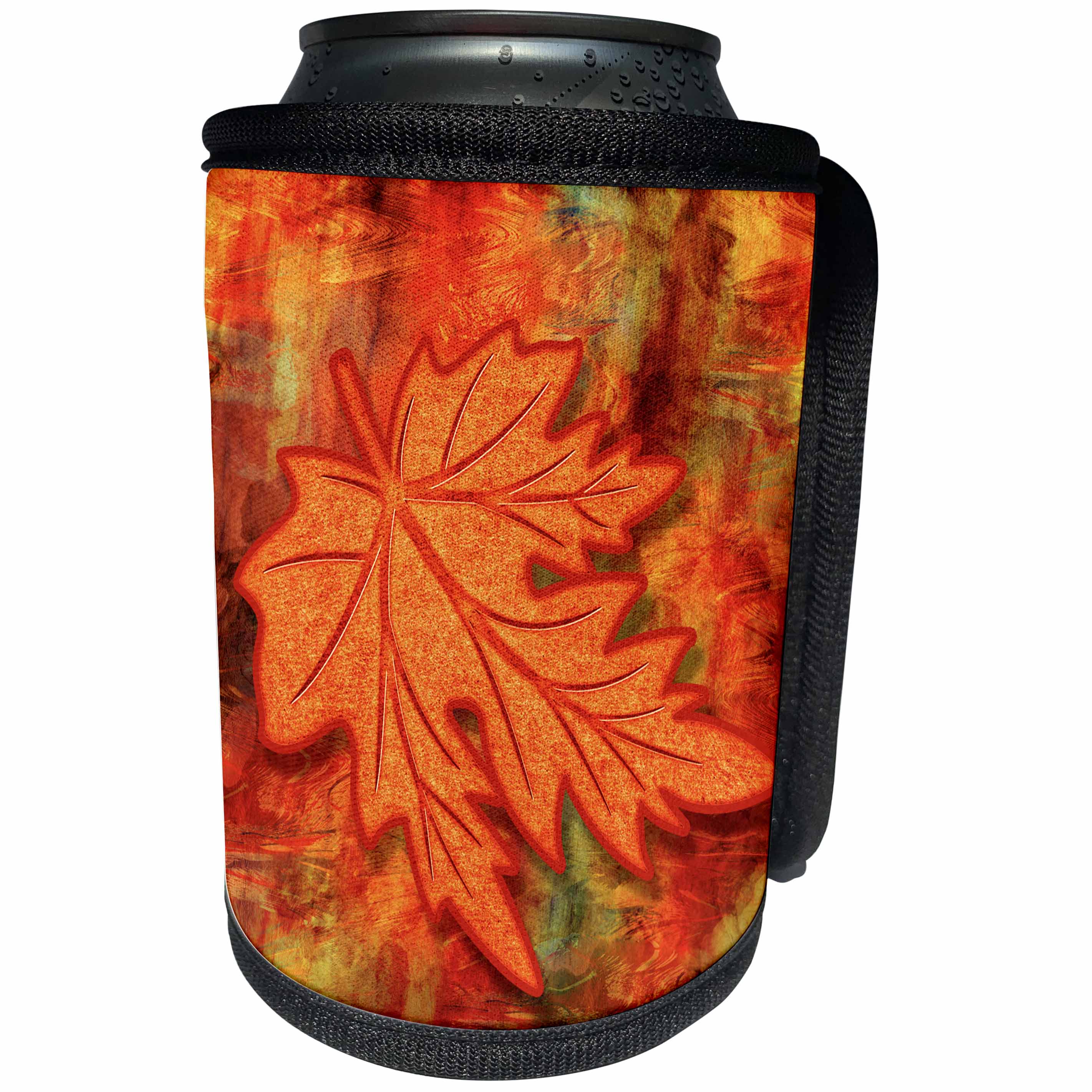 3dRose Doreen Erhardt Autumn Collection - Colorful Autumn Leaf Against a Brush Stroke Painted Fall Background - Can Cooler Bottle Wrap (cc_264266)