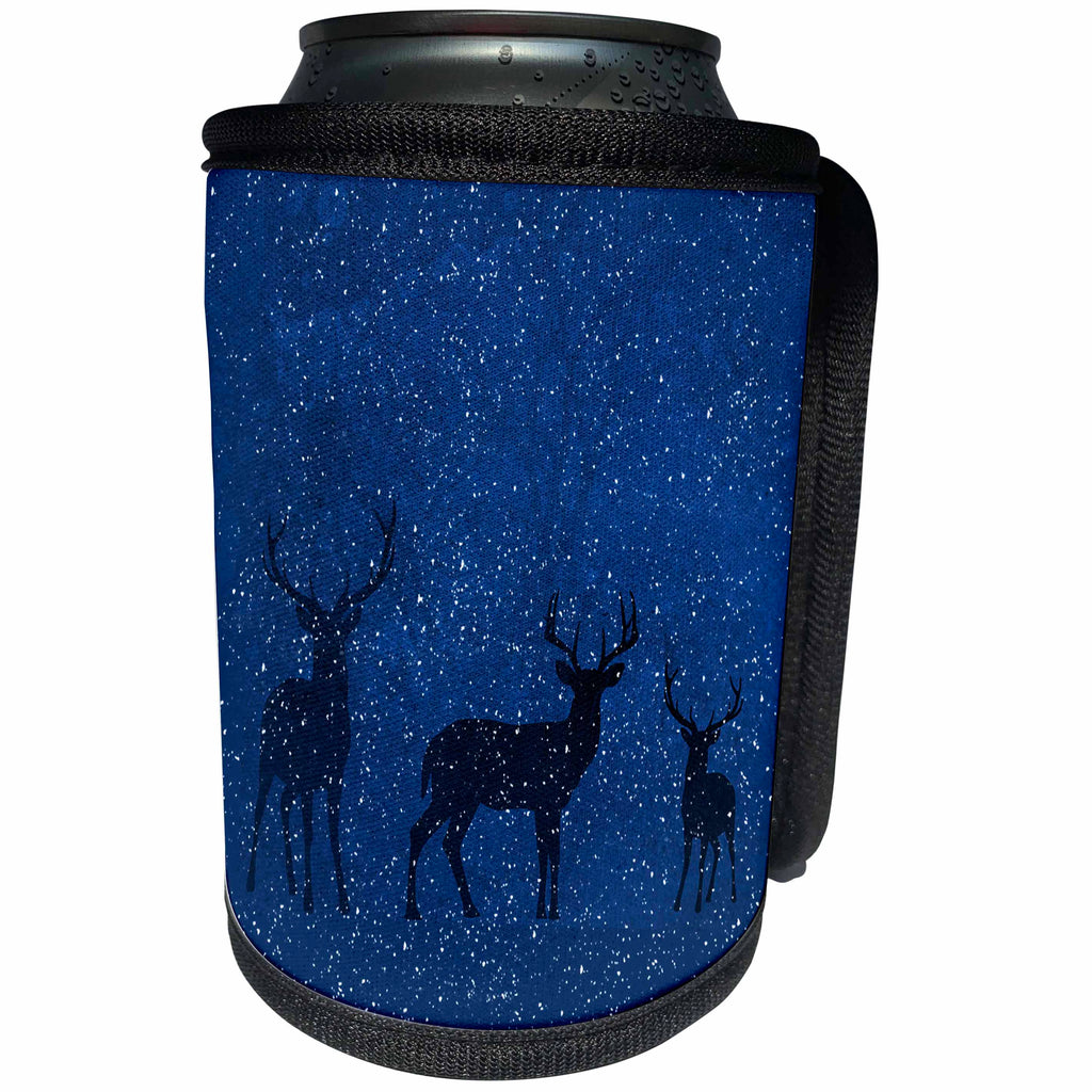 3dRose Doreen Erhardt Wildlife - Deep Blue Winter Forest with Woodland Deer Silhouettes - Can Cooler Bottle Wrap (cc_264270)