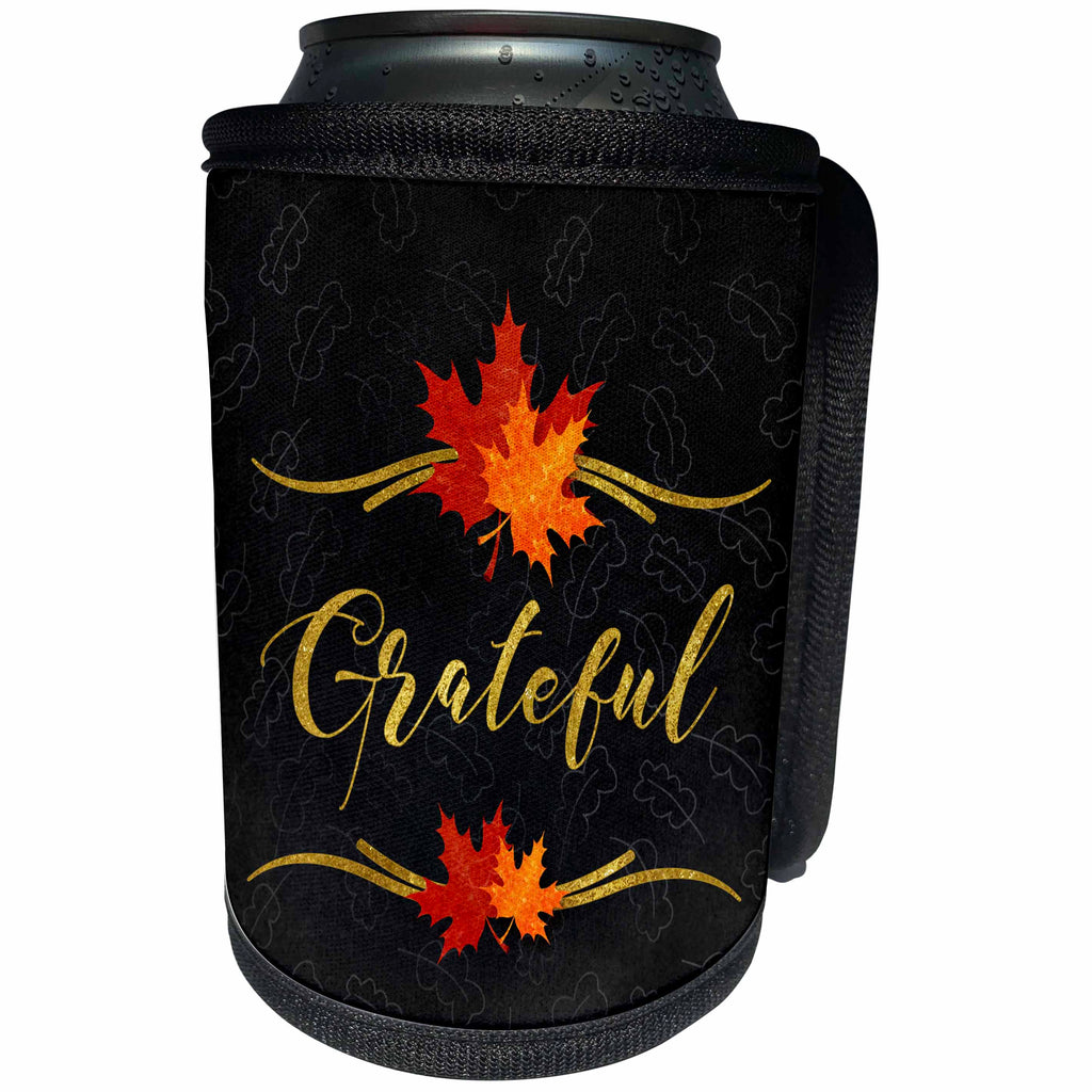 3dRose Doreen Erhardt Autumn Collection - Chalkboard and Faux Gold Leaf Grateful Typography Autumn Leaves - Can Cooler Bottle Wrap (cc_264271)