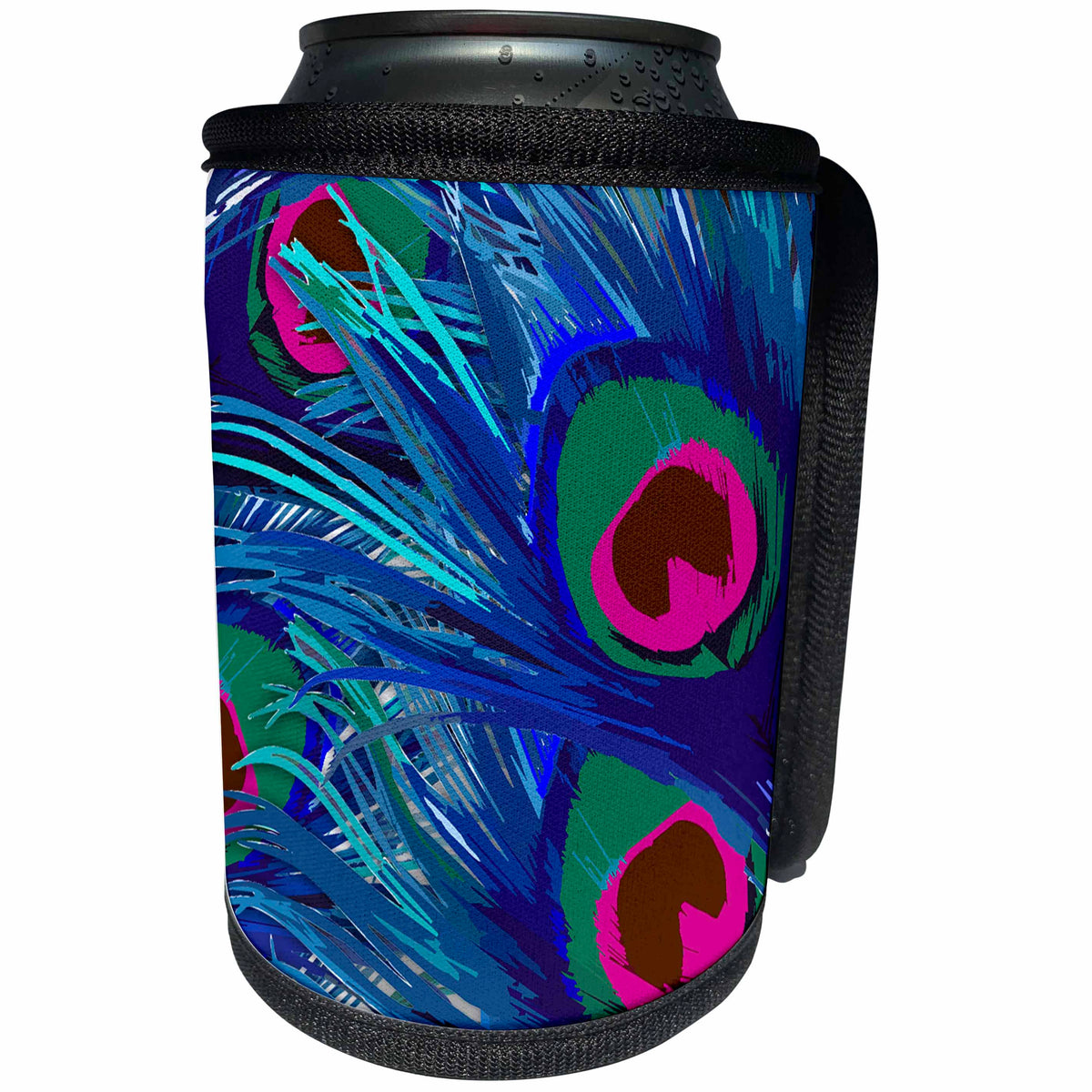 3dRose 311 Peacock Feather in blue - Vector peacock feathers in electric blue and pink - Can Cooler Bottle Wrap (cc_26436)