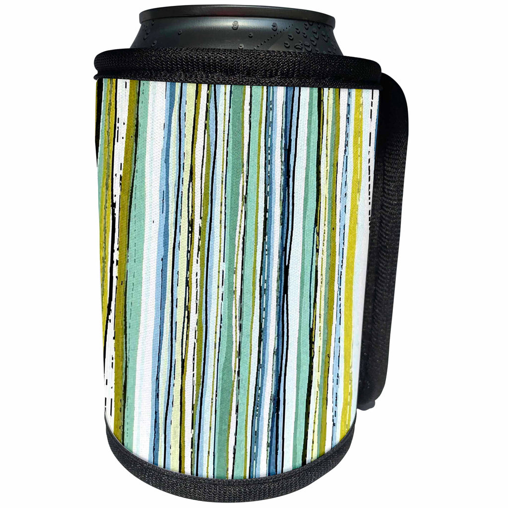3dRose Abstract Designs - Image of Abstract Irregular Stripes Aqua Olive Green and Blue - Can Cooler Bottle Wrap (cc_264369)