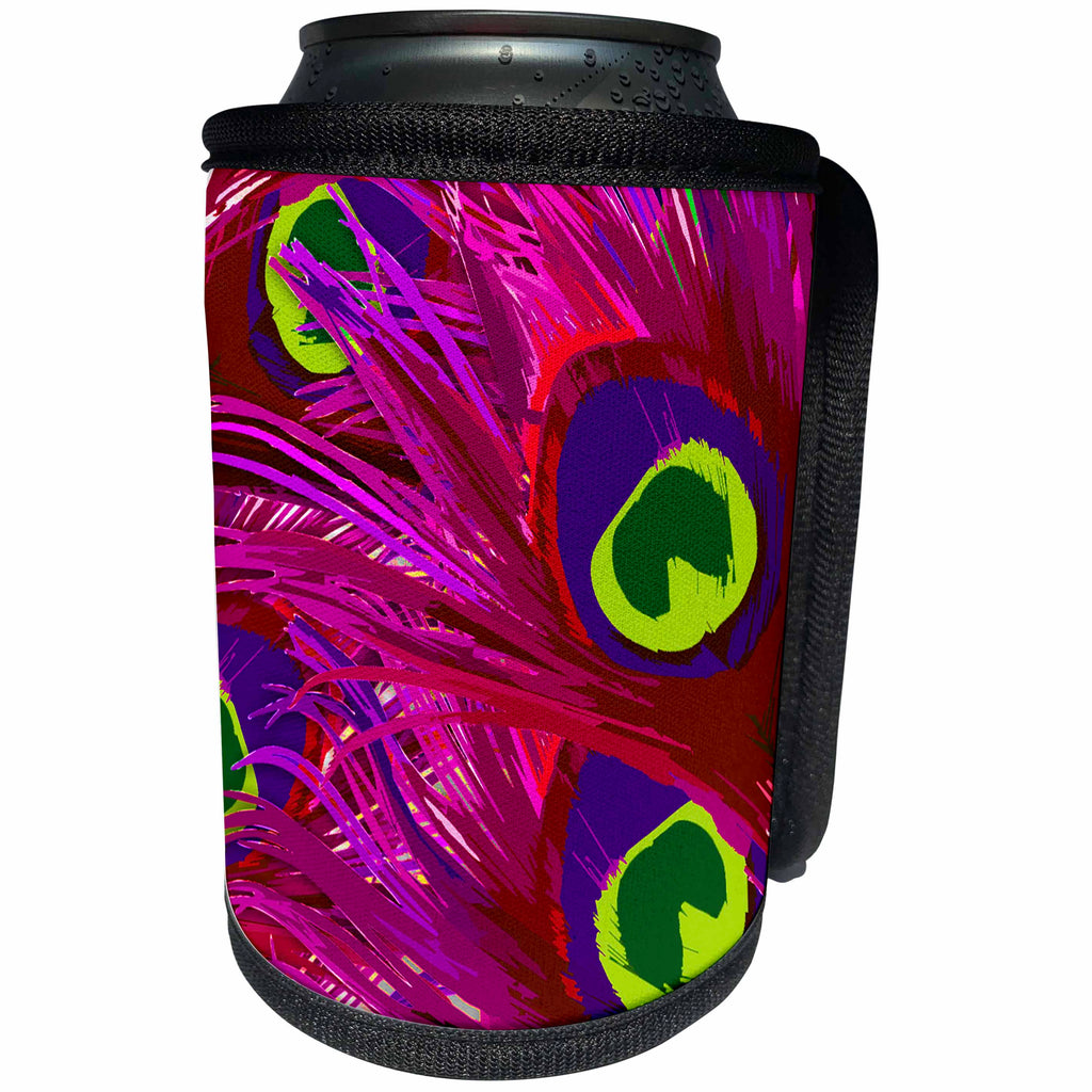 3dRose 311 Peacock Feathers in pink - Vector peacock feather in hot pink and lime - Can Cooler Bottle Wrap (cc_26437)