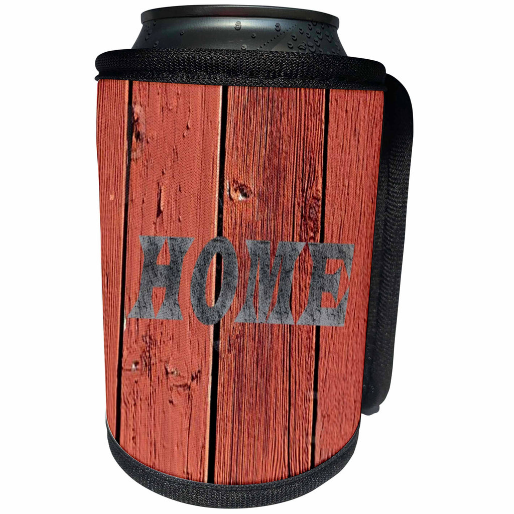 3dRose Abstract Wood Colors - Image of Country Red Barn Wood With Word Home - Can Cooler Bottle Wrap (cc_264374)