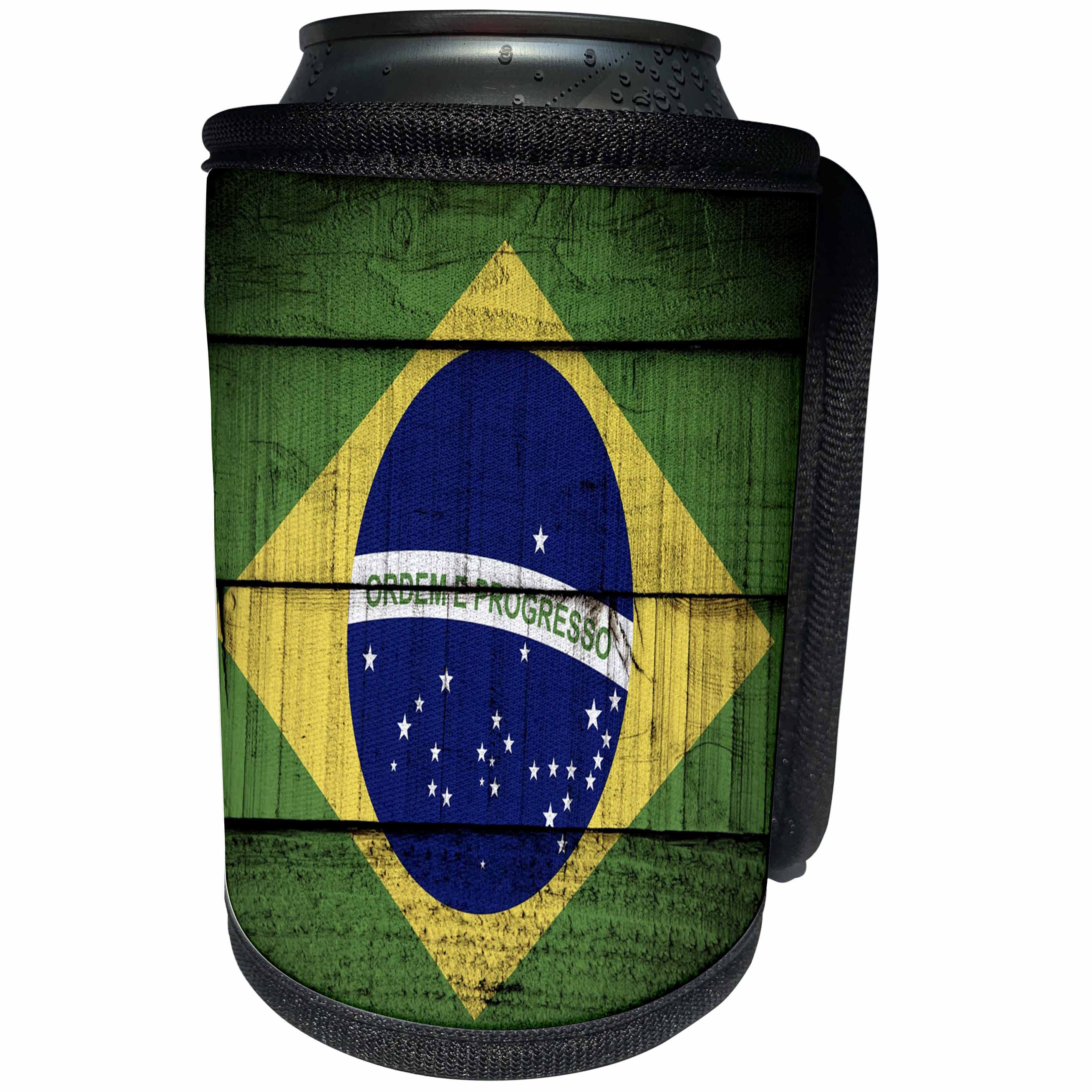 3dRose Abstract Wood Colors - Image of Flag Of Brazil On Wood - Can Cooler Bottle Wrap (cc_264388)