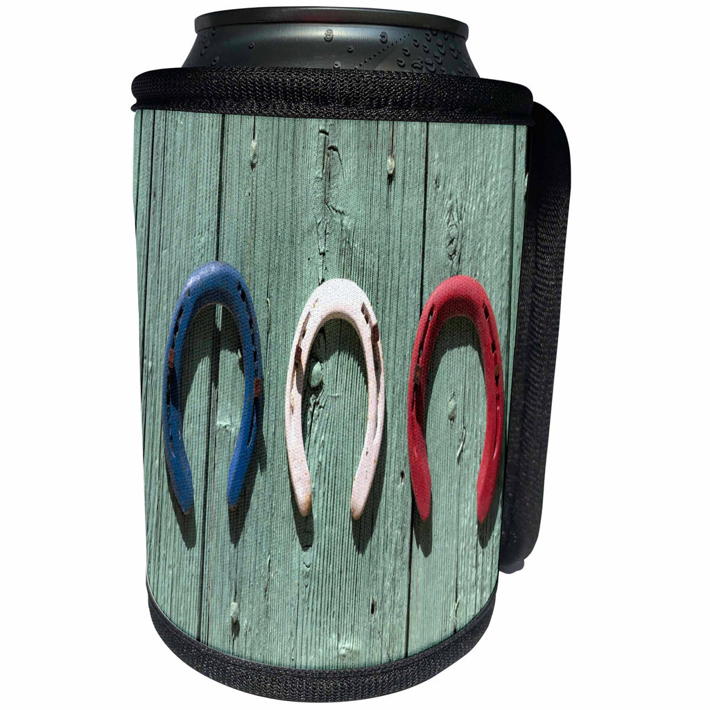 3dRose Abstract Wood Colors - Image of Red White and Blue Horse Shoes On Barn Wood - Can Cooler Bottle Wrap (cc_264393)
