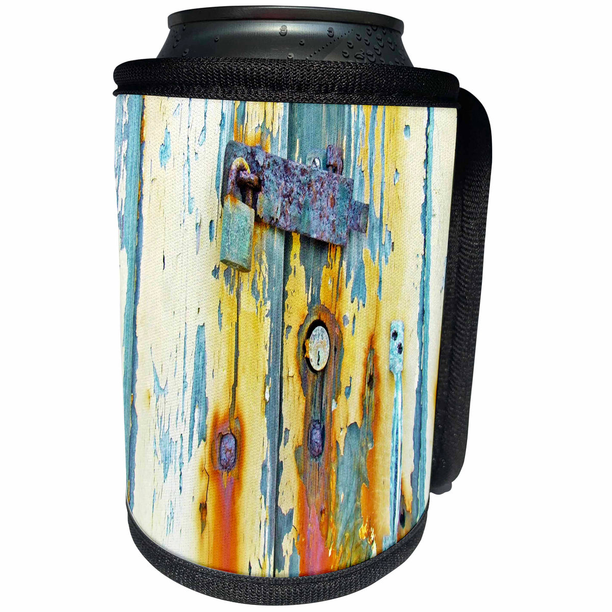 3dRose Abstract Wood Colors - Image of Aged Blue and Orange Wood With Lock - Can Cooler Bottle Wrap (cc_264394)