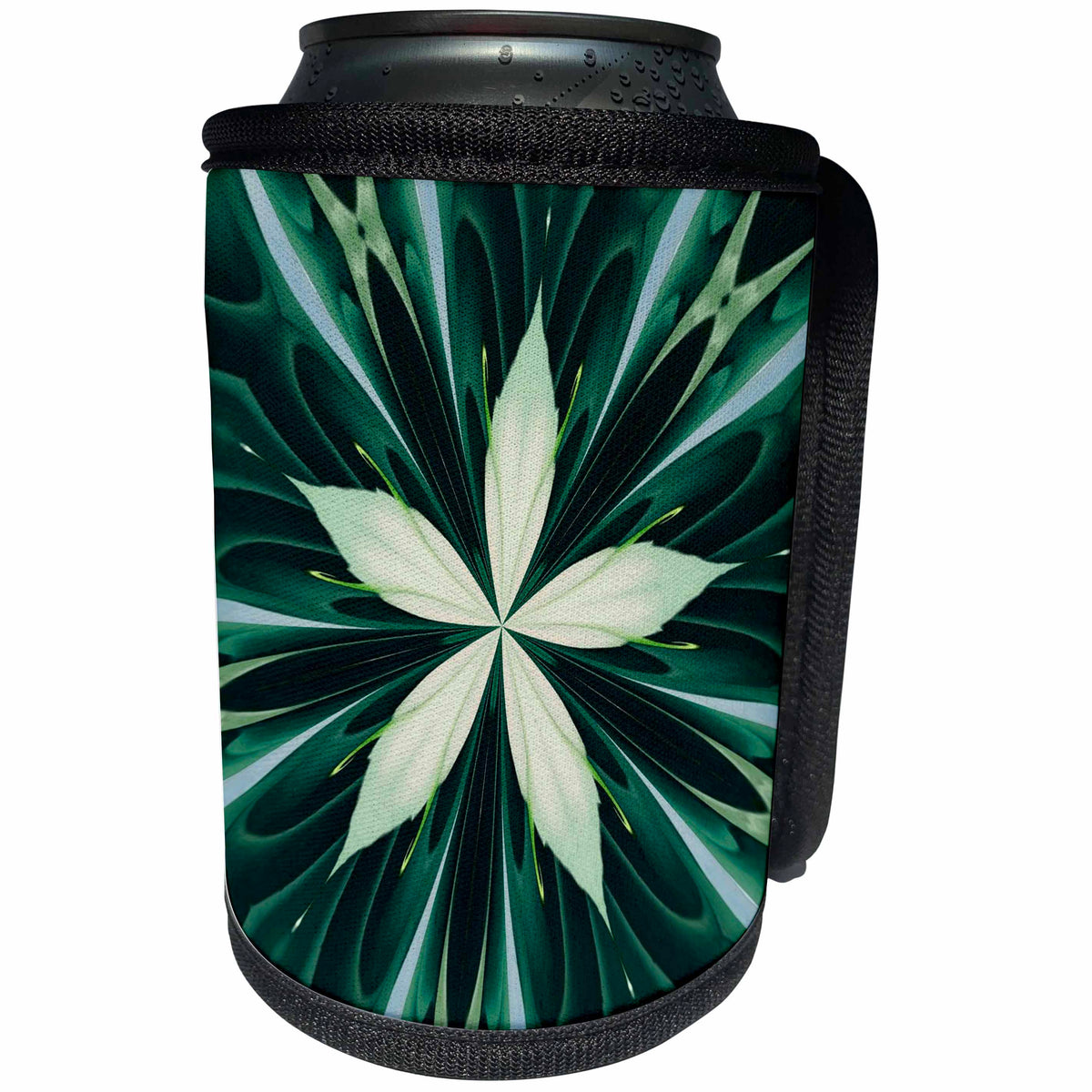 3dRose Taiche - New Media Art - Kaleidoscope - White Leaves In A Green Forest Kaleidoscope - Can Cooler Bottle Wrap (cc_264417)