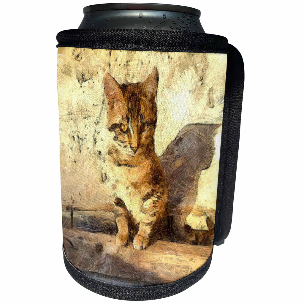 3dRose Taiche - Pencil Drawing - Tabby Cat - All Cats Are Black In The Dark - Can Cooler Bottle Wrap (cc_264420)