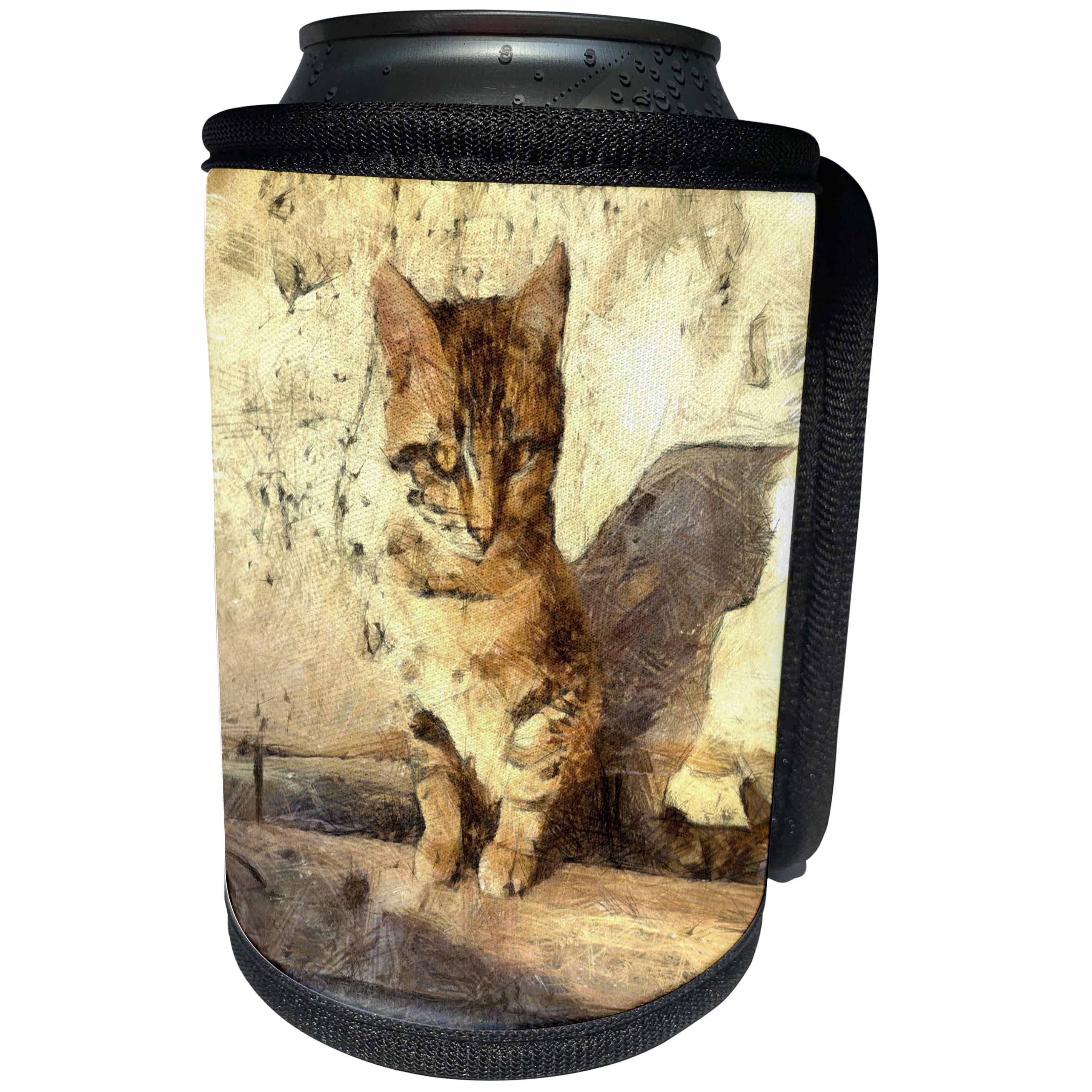 3dRose Taiche - Pencil Drawing - Tabby Cat - All Cats Are Black In The Dark - Can Cooler Bottle Wrap (cc_264420)