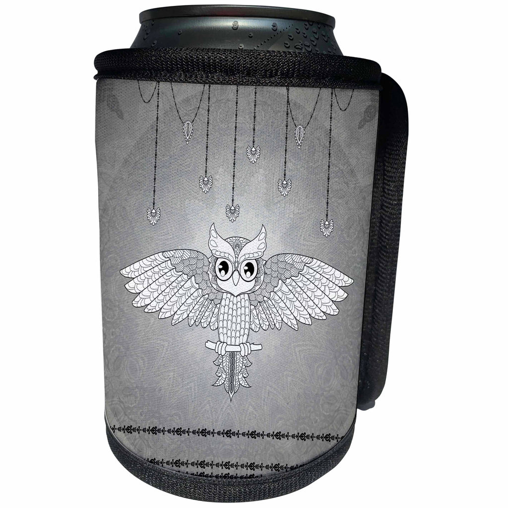 3dRose Heike Köhnen Design Mandala - Wonderful owl, mandala design in black and white - Can Cooler Bottle Wrap (cc_264535)