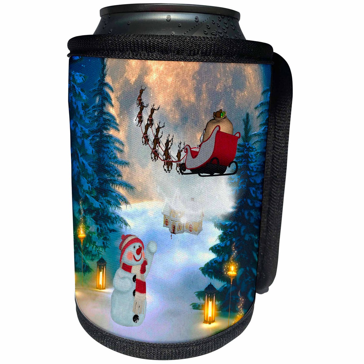 3dRose Heike Köhnen Design Holiday Christmas - Christmas, cute snowman with Santa Claus and reindeer - Can Cooler Bottle Wrap (cc_264536)