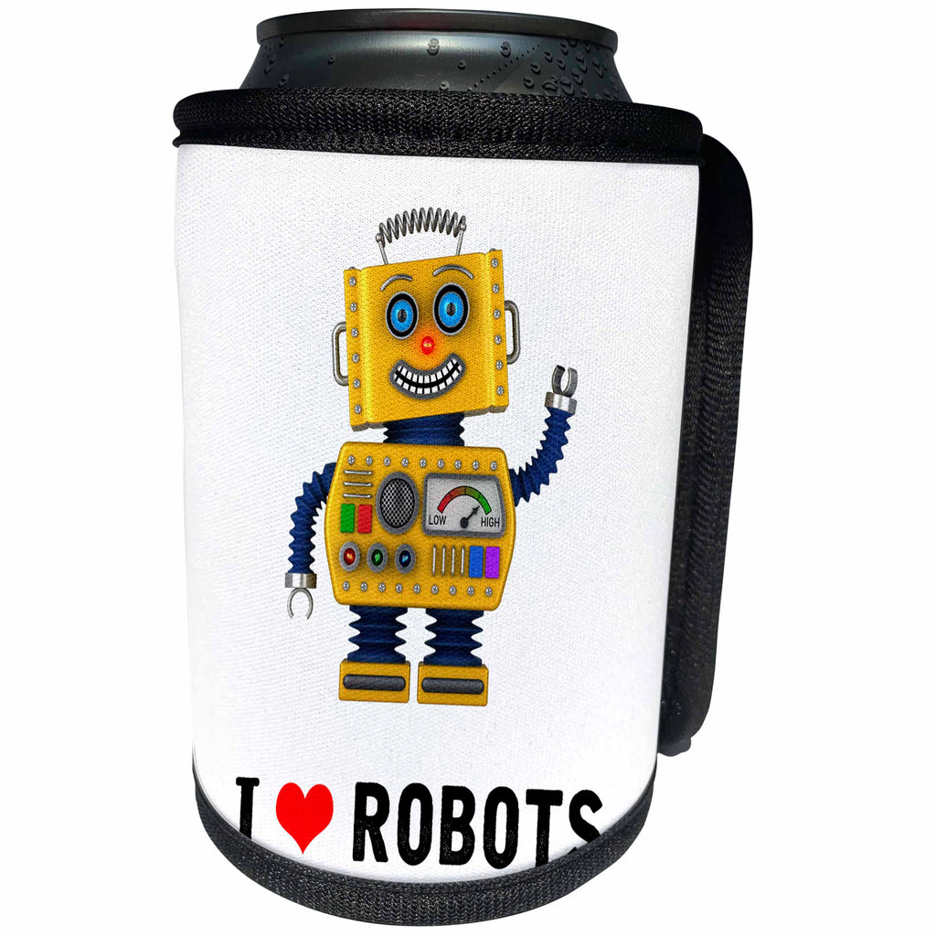 3dRose Carsten Reisinger - Illustrations - I Love Robots Cute Yellow Vintage Toy Robot Smiling and Waving - Can Cooler Bottle Wrap (cc_264630)