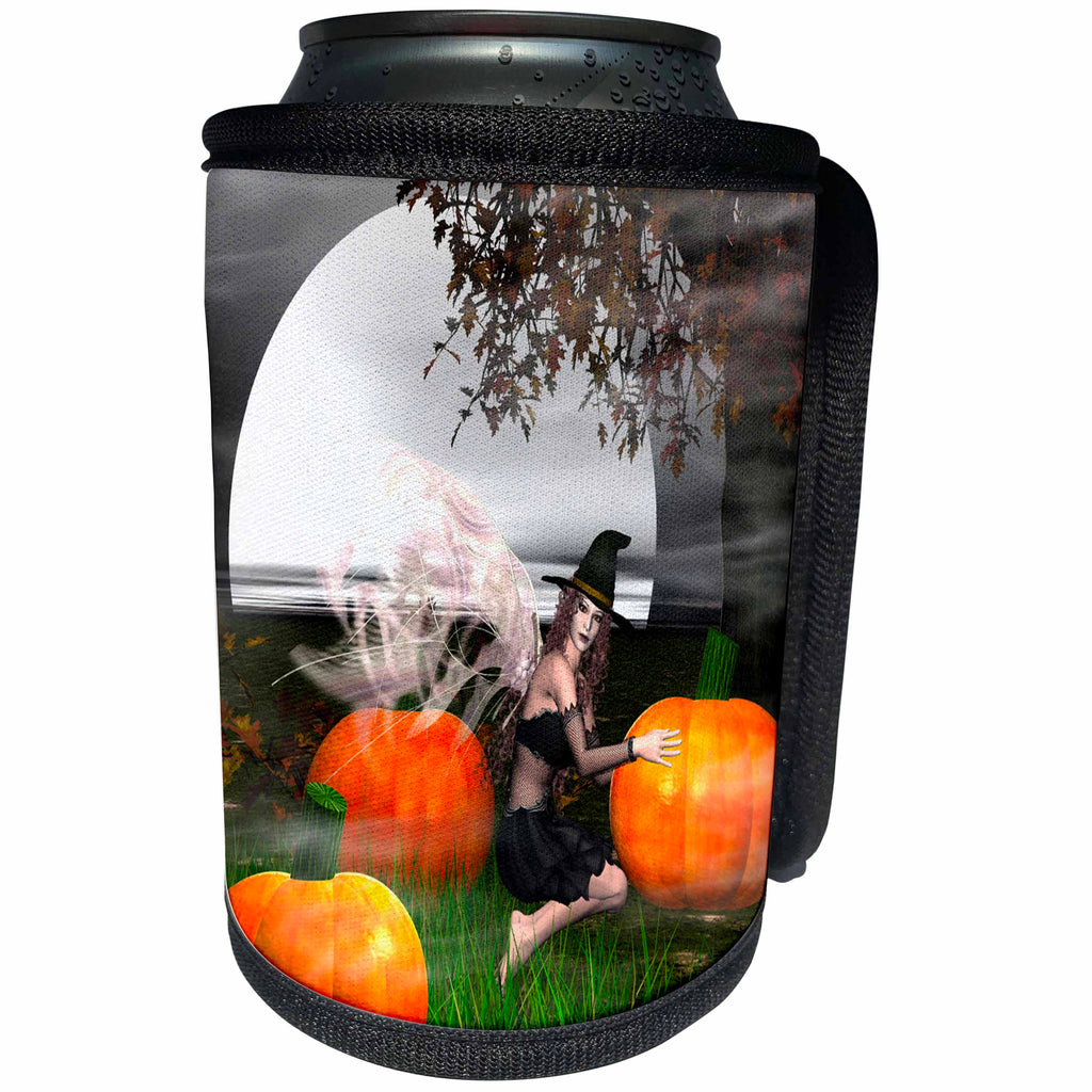 3dRose WhiteOak Art Designs Halloween - Happy Halloween Fairy Witch sitting - Can Cooler Bottle Wrap (cc_26464)