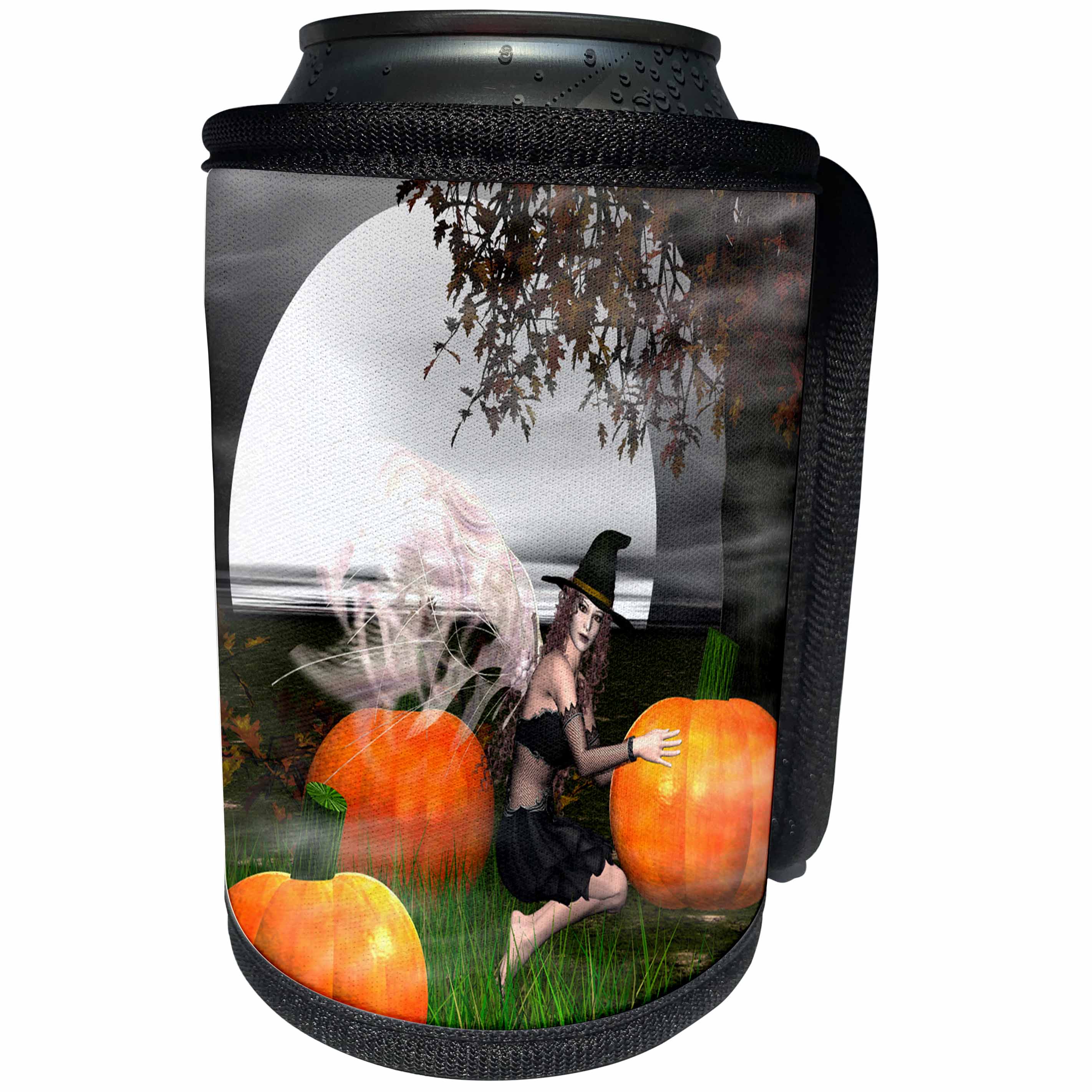 3dRose WhiteOak Art Designs Halloween - Happy Halloween Fairy Witch sitting - Can Cooler Bottle Wrap (cc_26464)