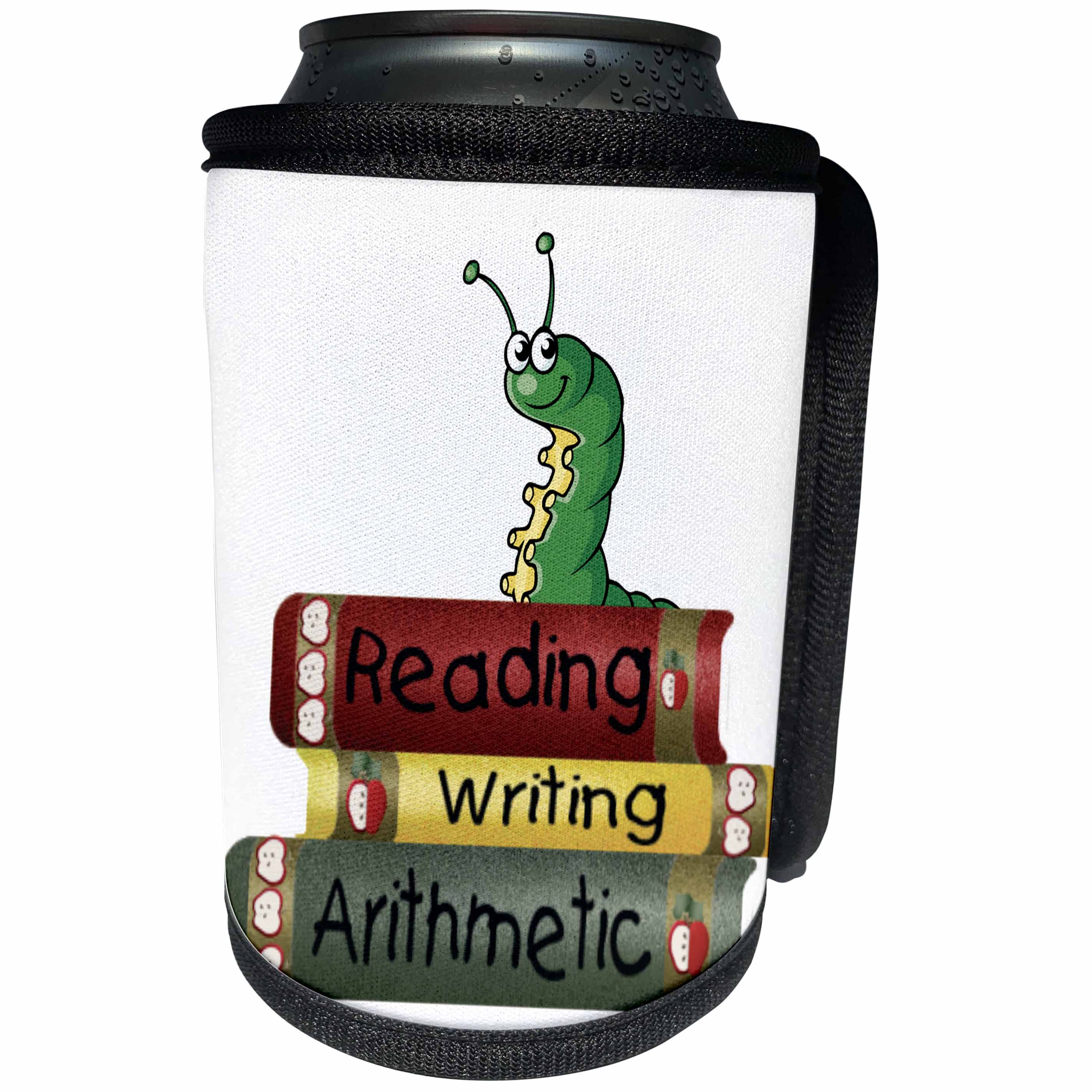 3dRose TNMGraphics School - Bookworm on top of Stack of Books Reading Writing Arithmetic - Can Cooler Bottle Wrap (cc_264652)