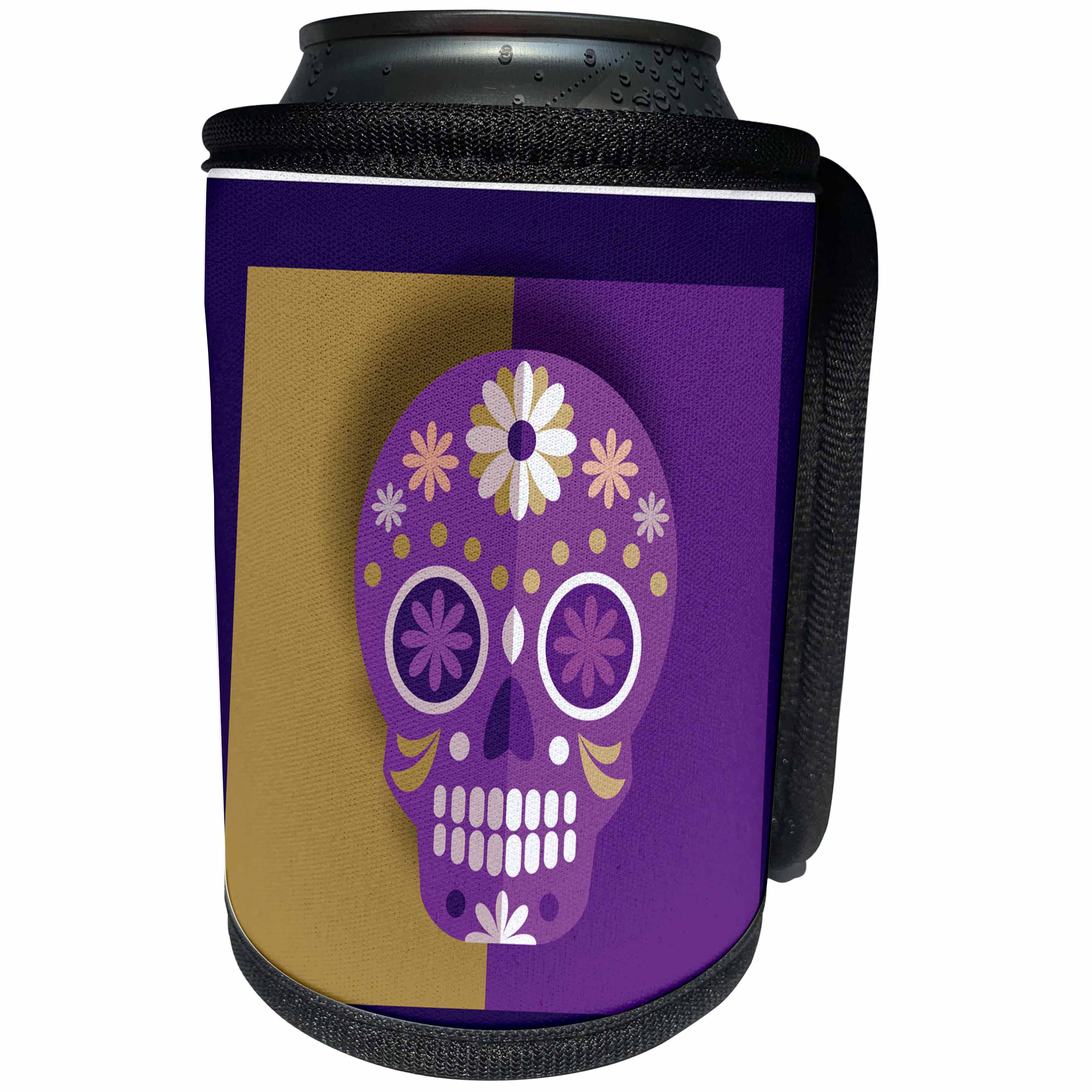 3dRose TNMGraphics Sugar Skulls - Sugar Skull Purple Gold Decorated White Flowers - Can Cooler Bottle Wrap (cc_264653)