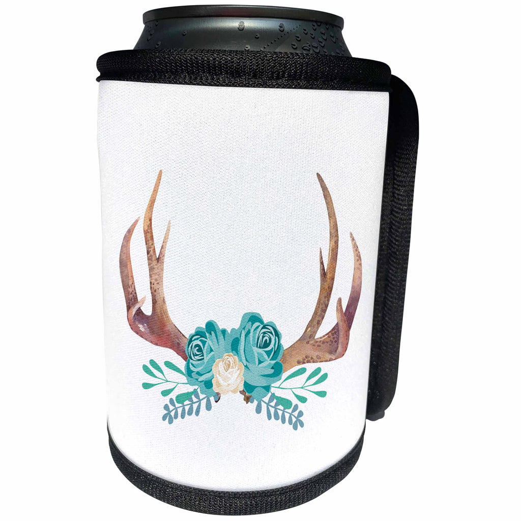 3dRose TNMGraphics Animals - Turquoise Flowers Decorating Elk Horns - Can Cooler Bottle Wrap (cc_264659)
