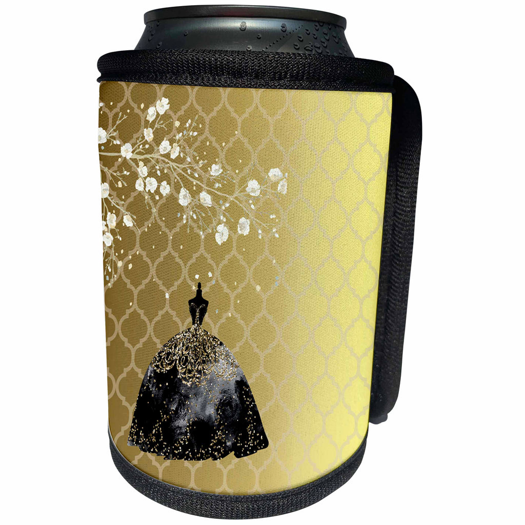 3dRose TNMGraphics Gold and Black Formal - Gold and Black Formal Gown With Tiny White Flowers. - Can Cooler Bottle Wrap (cc_264665)