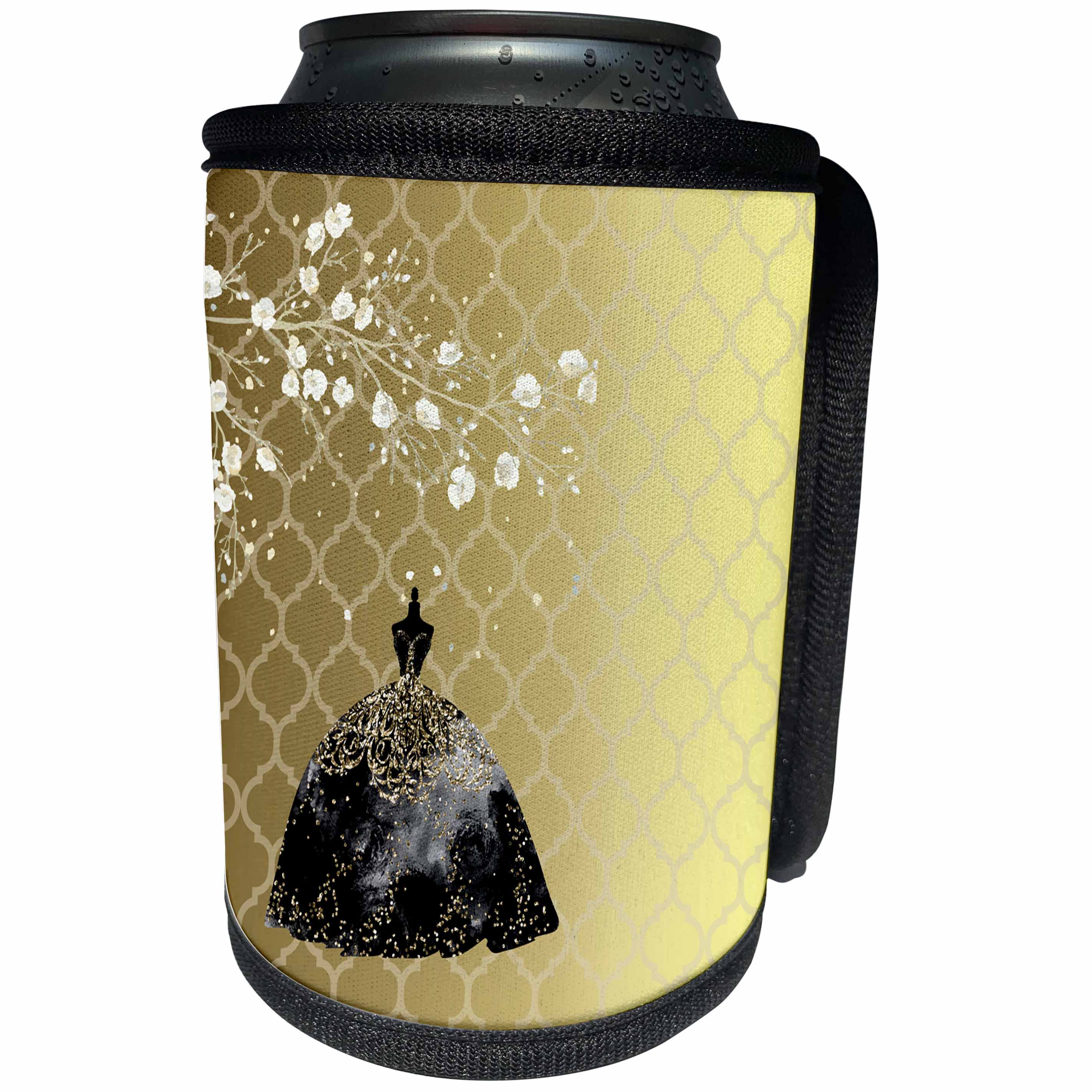 3dRose TNMGraphics Gold and Black Formal - Gold and Black Formal Gown With Tiny White Flowers. - Can Cooler Bottle Wrap (cc_264665)
