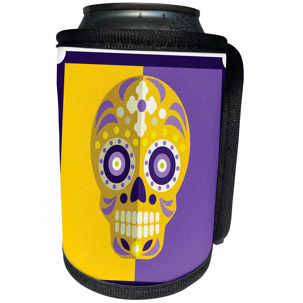 3dRose TNMGraphics Sugar Skulls - Sugar Skull Light Gold and Purple With Cross - Can Cooler Bottle Wrap (cc_264669)