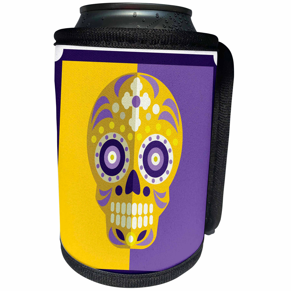 3dRose TNMGraphics Sugar Skulls - Sugar Skull Light Gold and Purple With Cross - Can Cooler Bottle Wrap (cc_264669)