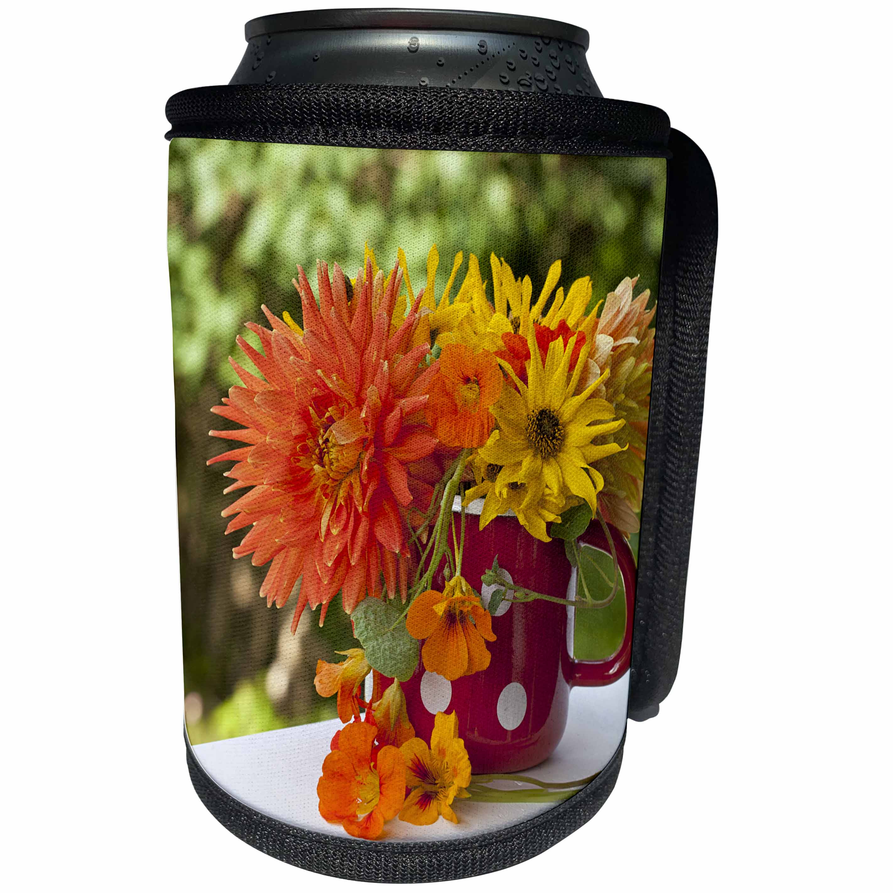 3dRose Andrea Haase Nature Photography - Autumn flowers in a polka dot mug - Can Cooler Bottle Wrap (cc_264675)