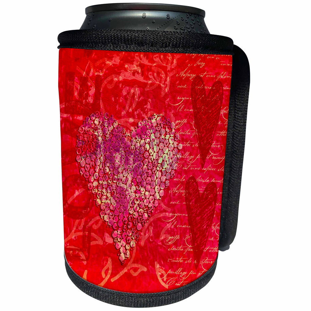 3dRose Andrea Haase Illustration Love - Mixed media art with hearts and typography elements red - Can Cooler Bottle Wrap (cc_264681)