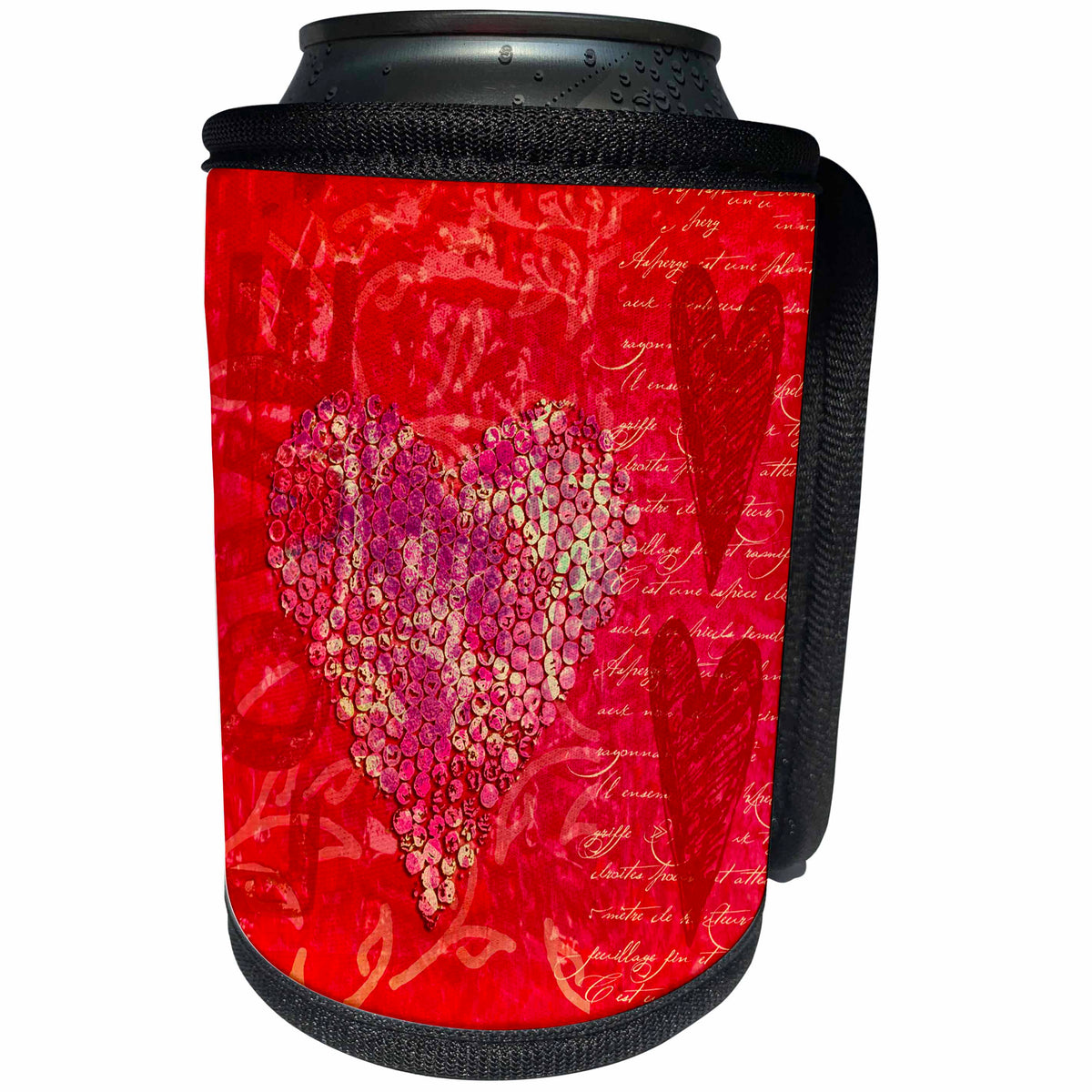 3dRose Andrea Haase Illustration Love - Mixed media art with hearts and typography elements red - Can Cooler Bottle Wrap (cc_264681)