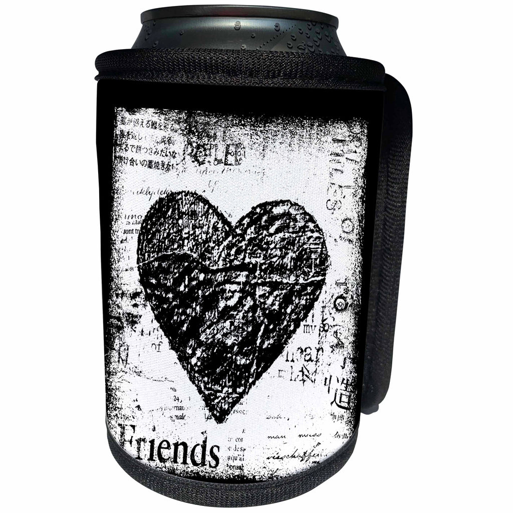 3dRose Andrea Haase Illustration Love - Heart collage black and white with word friends - Can Cooler Bottle Wrap (cc_264687)