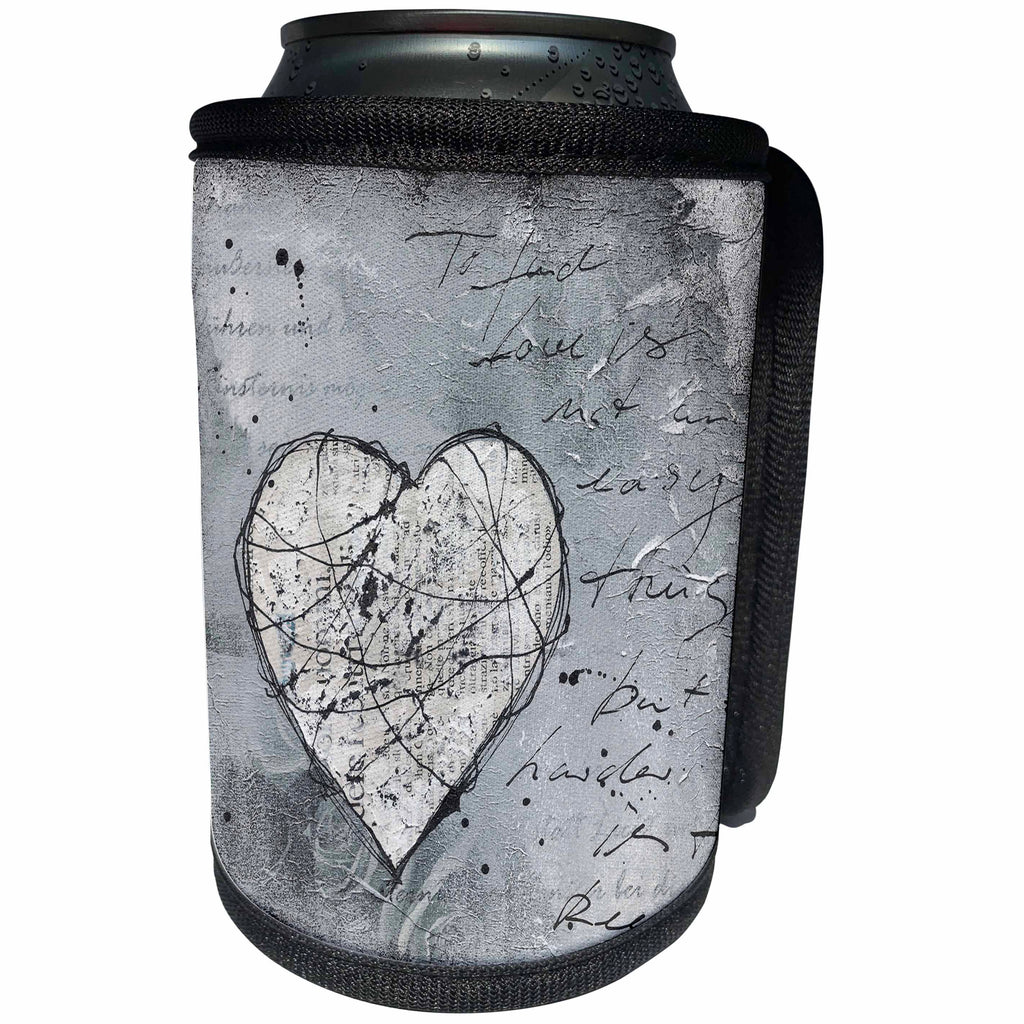3dRose Andrea Haase Illustration Love - Heart grunge style painting grey and black - Can Cooler Bottle Wrap (cc_264688)