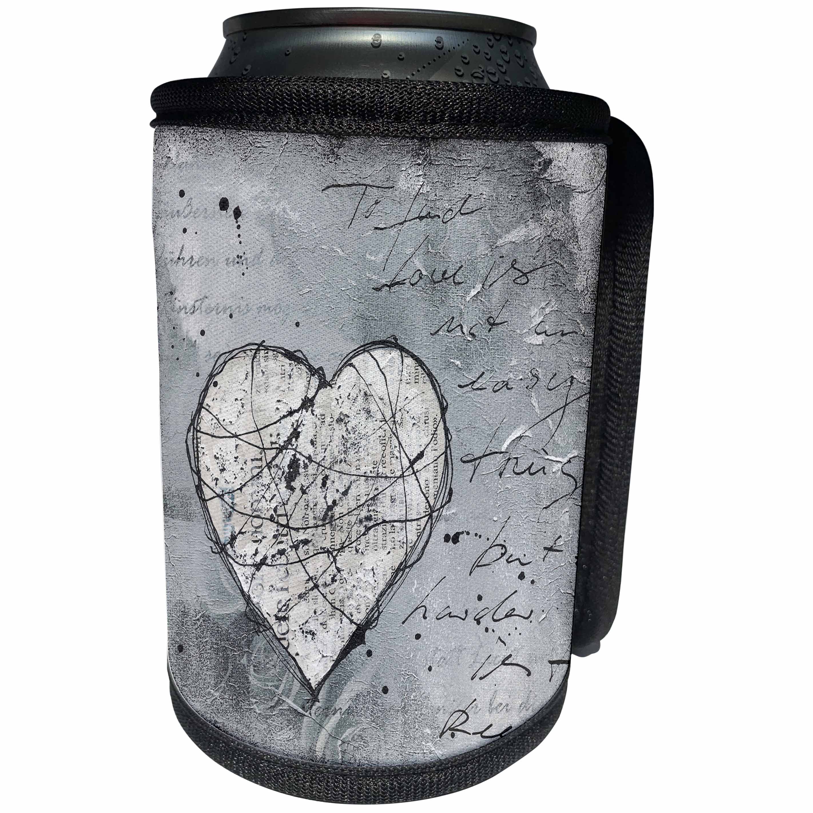 3dRose Andrea Haase Illustration Love - Heart grunge style painting grey and black - Can Cooler Bottle Wrap (cc_264688)