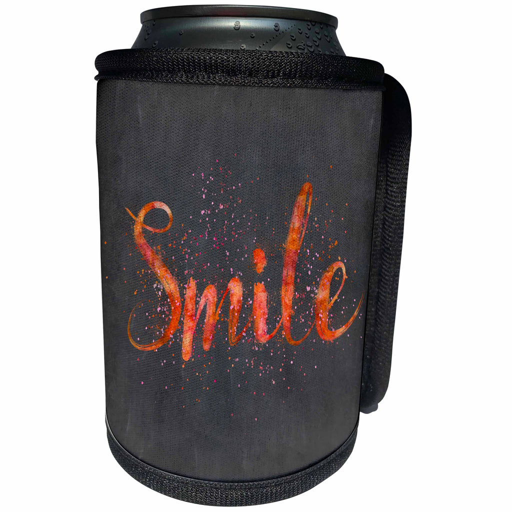3dRose Andrea Haase Inspirational Typography - Hand lettered orange word smile with paint splatter on chalkboard - Can Cooler Bottle Wrap (cc_264711)