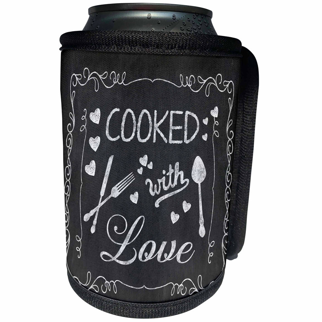 3dRose Andrea Haase Inspirational Typography - Chalkboard typography sign with hand lettering quote cooked with love - Can Cooler Bottle Wrap (cc_264713)