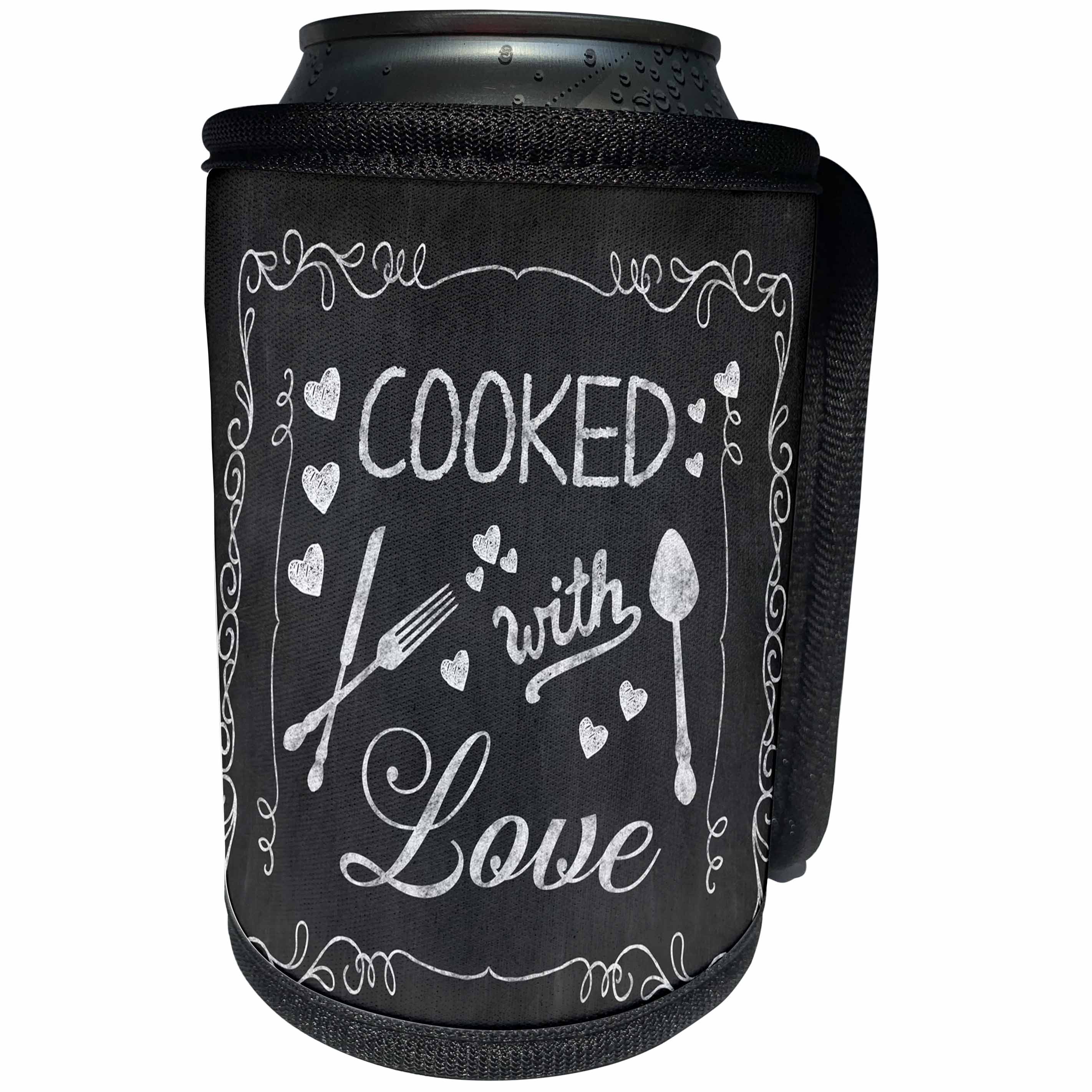 3dRose Andrea Haase Inspirational Typography - Chalkboard typography sign with hand lettering quote cooked with love - Can Cooler Bottle Wrap (cc_264713)