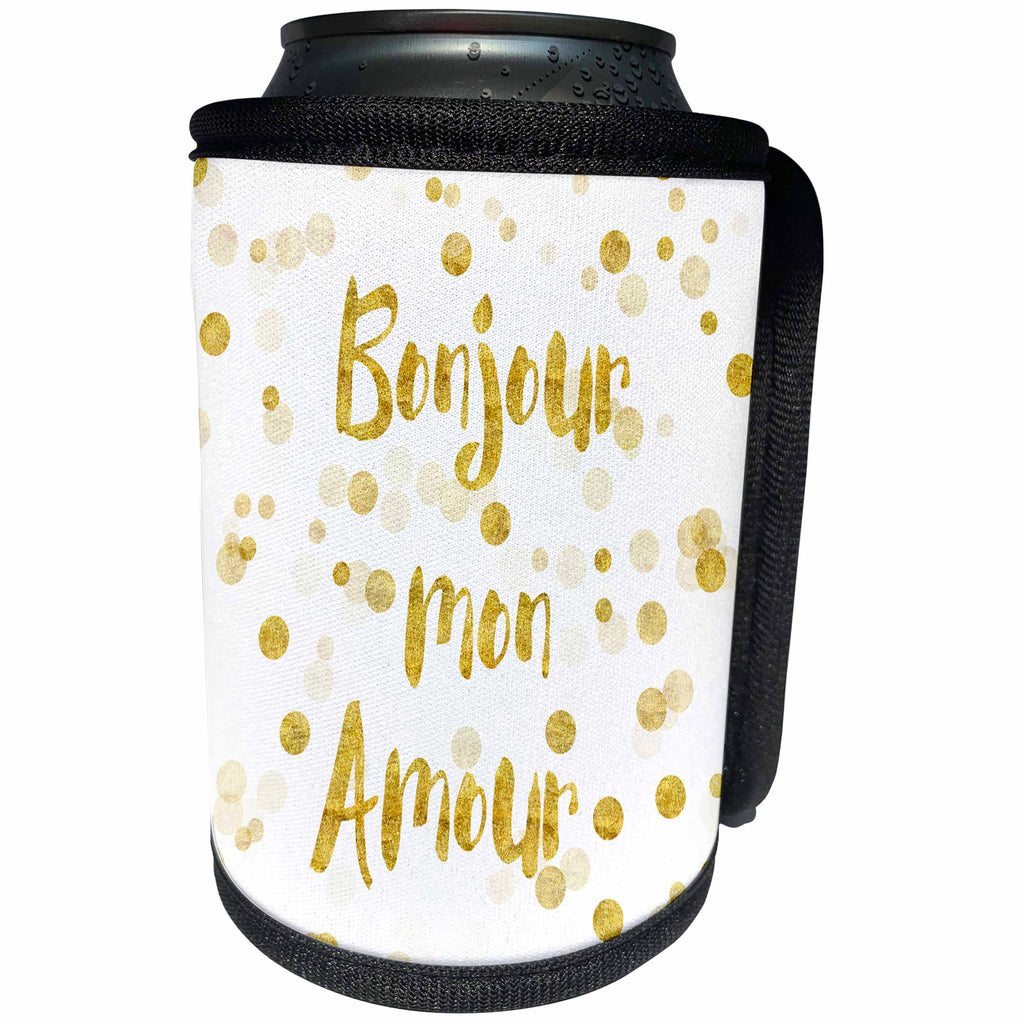 3dRose Andrea Haase Inspirational Typography - Golden Sparkle French lettering Bonjour mon Amour on white - Can Cooler Bottle Wrap (cc_264728)