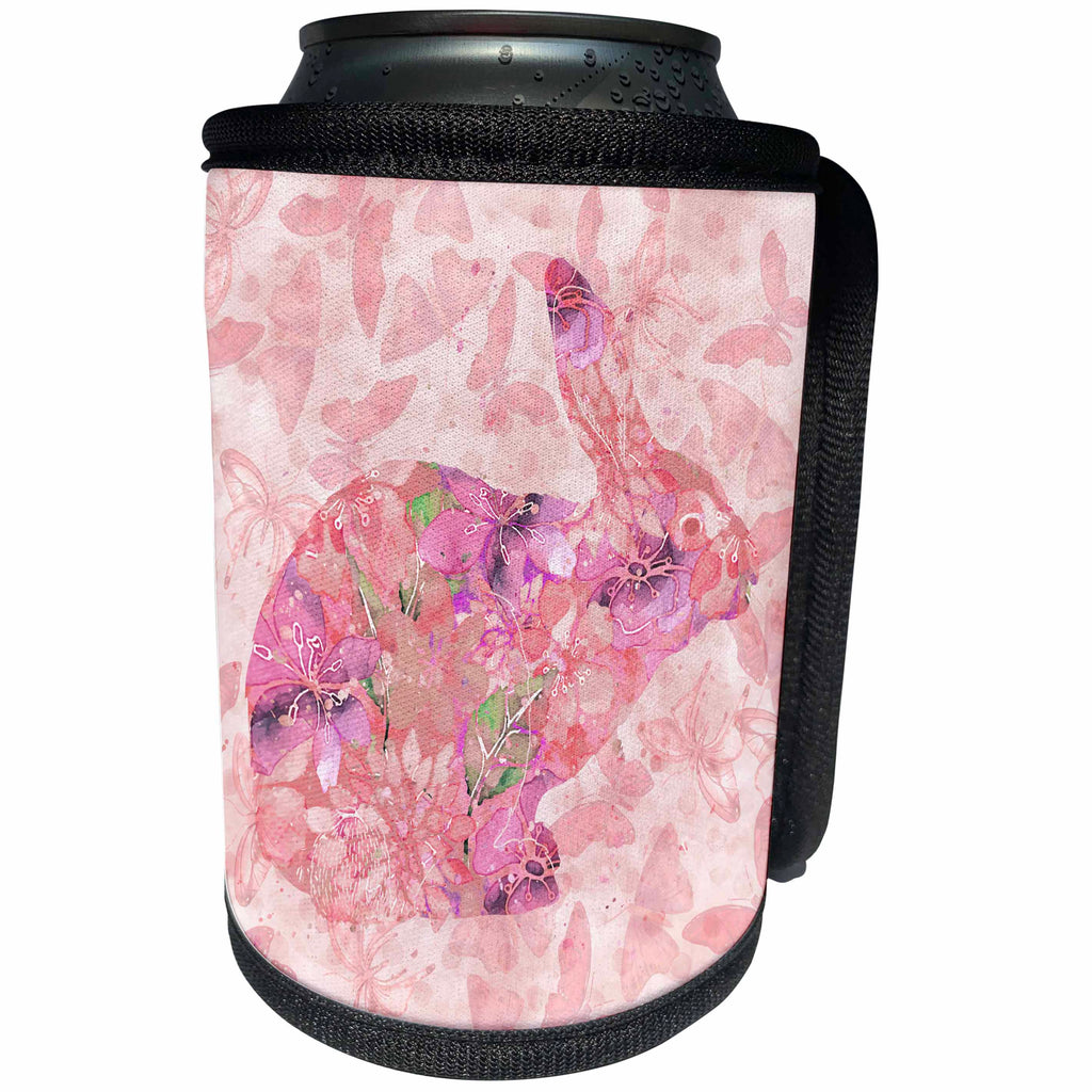 3dRose Andrea Haase Animals Illustration - Cute watercolor Easter bunny with floral pattern and butterflies, soft pink - Can Cooler Bottle Wrap (cc_264736)