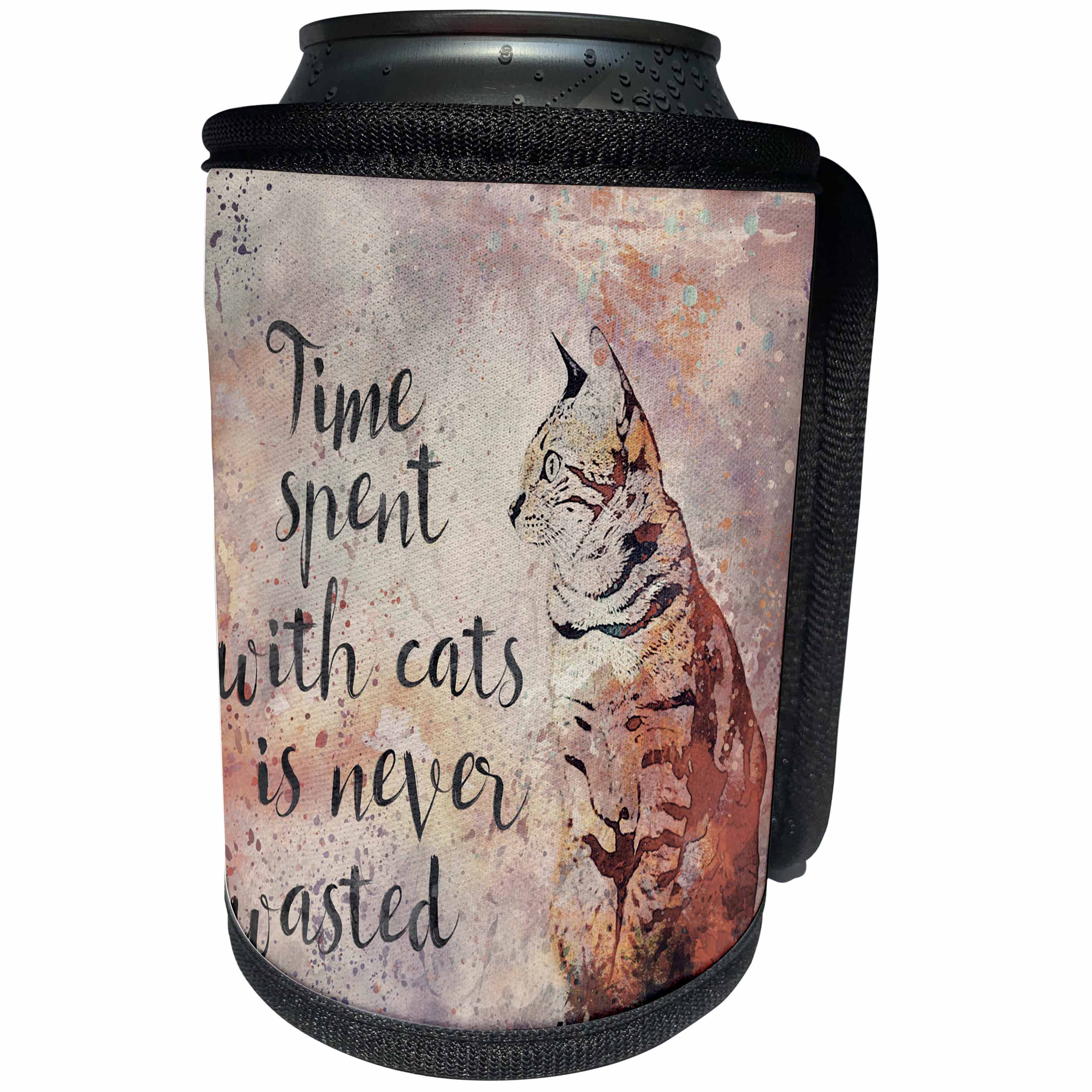 3dRose Andrea Haase Animals Illustration - Cat illustration watercolor time spend with cats is never wasted - Can Cooler Bottle Wrap (cc_264743)