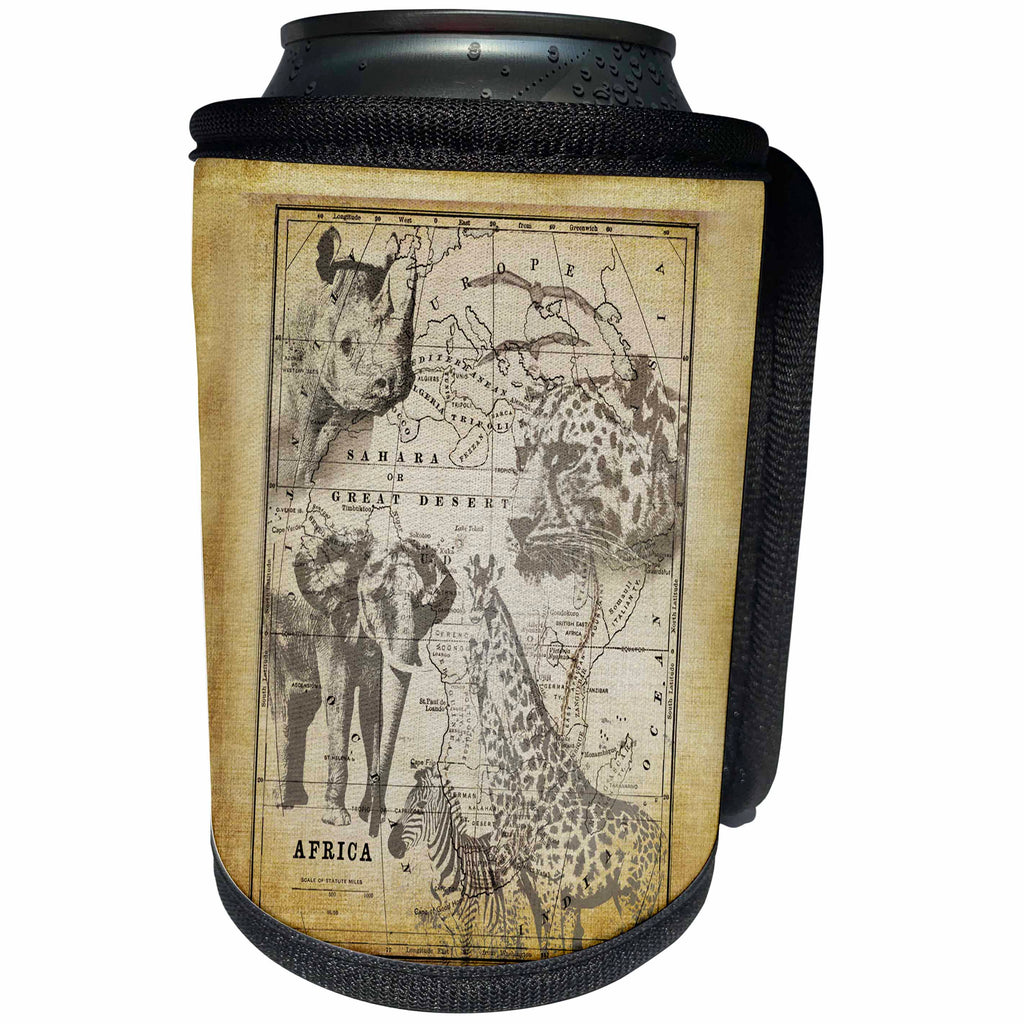3dRose Andrea Haase Animals Illustration - Vintage Africa illustration with old map and wild animals - Can Cooler Bottle Wrap (cc_264749)