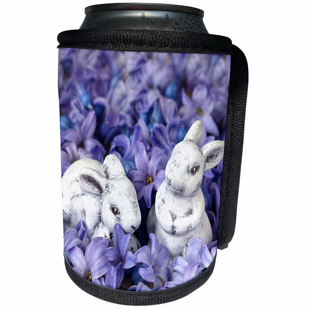 3dRose Andrea Haase Animals Photography - Little Easter bunnies among blue spring flowers - Can Cooler Bottle Wrap (cc_264751)