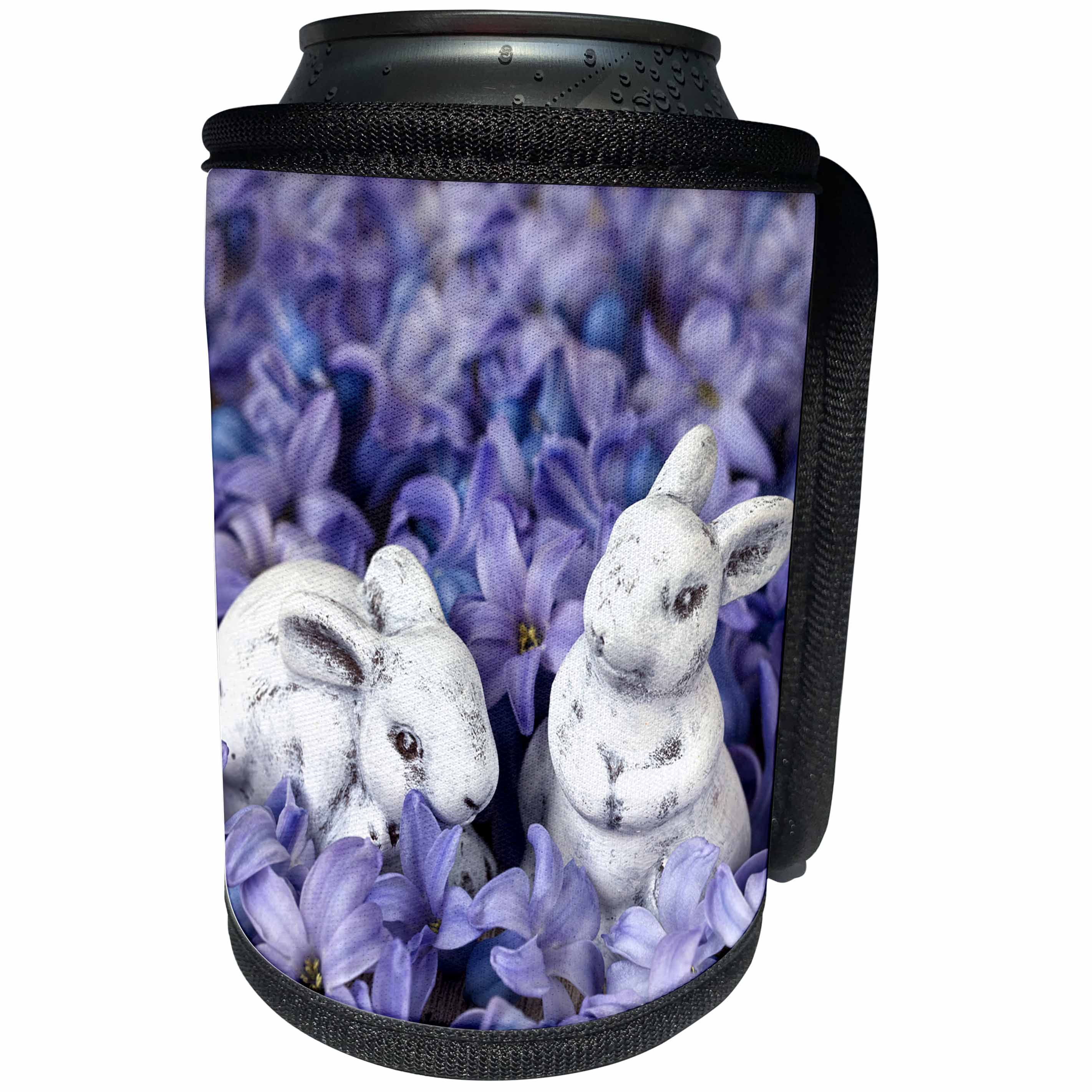 3dRose Andrea Haase Animals Photography - Little Easter bunnies among blue spring flowers - Can Cooler Bottle Wrap (cc_264751)