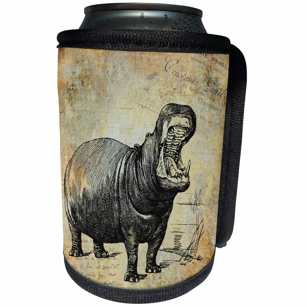 3dRose Andrea Haase Animals Illustration - Vintage hippo illustration in sepia tones - Can Cooler Bottle Wrap (cc_264755)