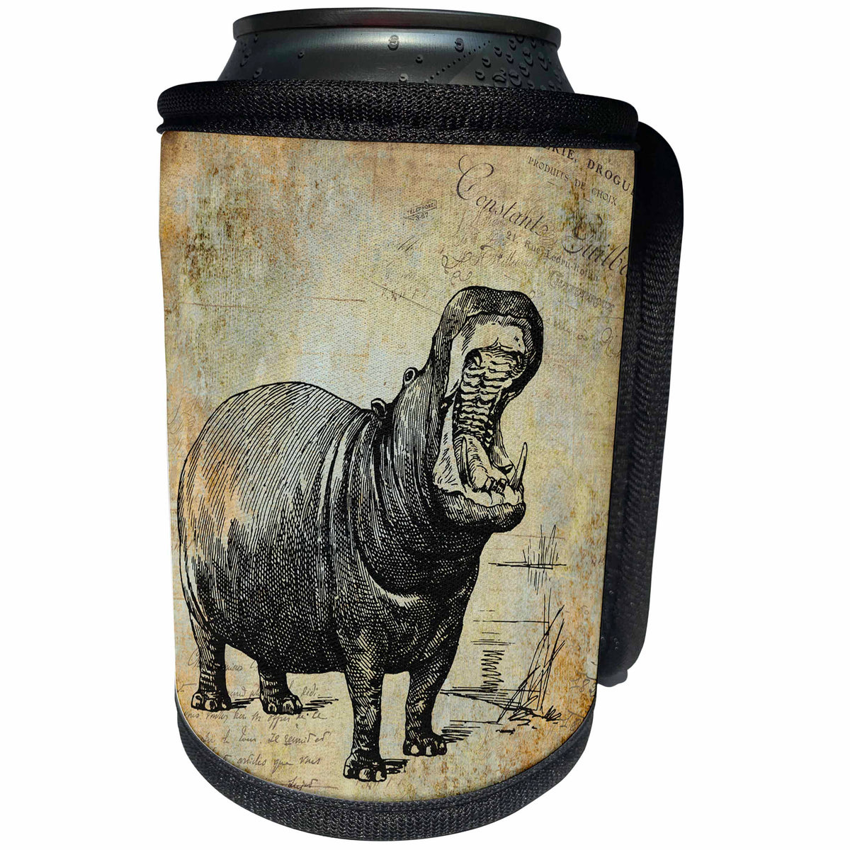 3dRose Andrea Haase Animals Illustration - Vintage hippo illustration in sepia tones - Can Cooler Bottle Wrap (cc_264755)